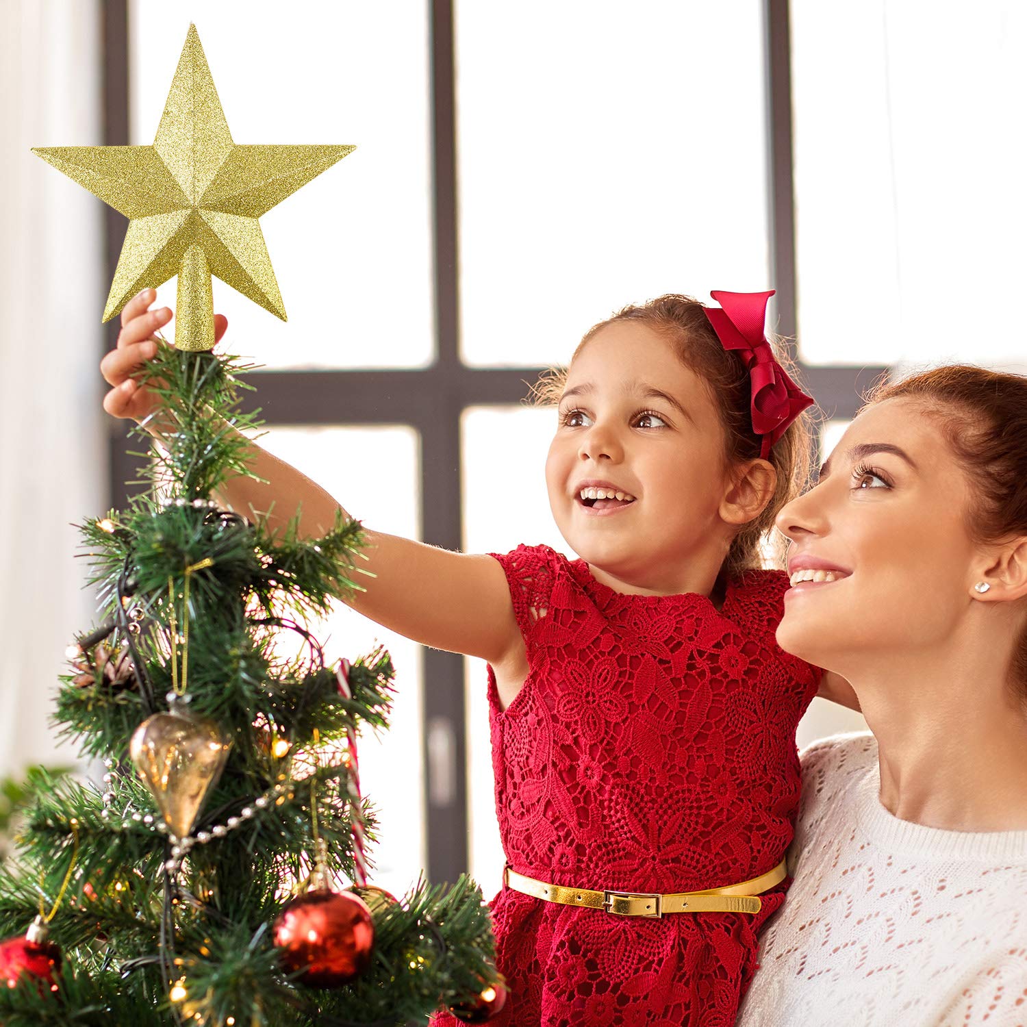 FEPITO 4.3 Inches Glitter Star Mini Christmas Tree Topper Shatter-Proof Small Christmas Tree Decoration Treetop for Holiday Orna