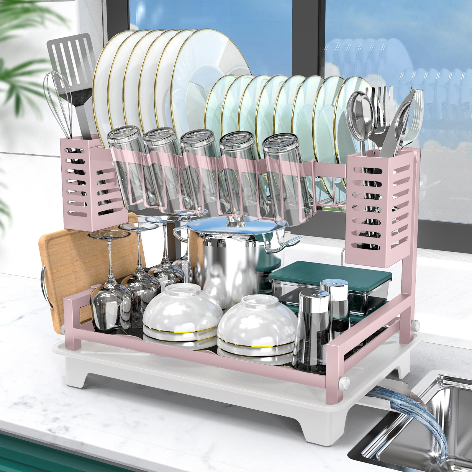B-Land Dish Drying Rack, 2 Tier Dish Racks For Kitchen Counter, Large Dish Drying Rack With Drainboard & Utensil Holders, Rust-P