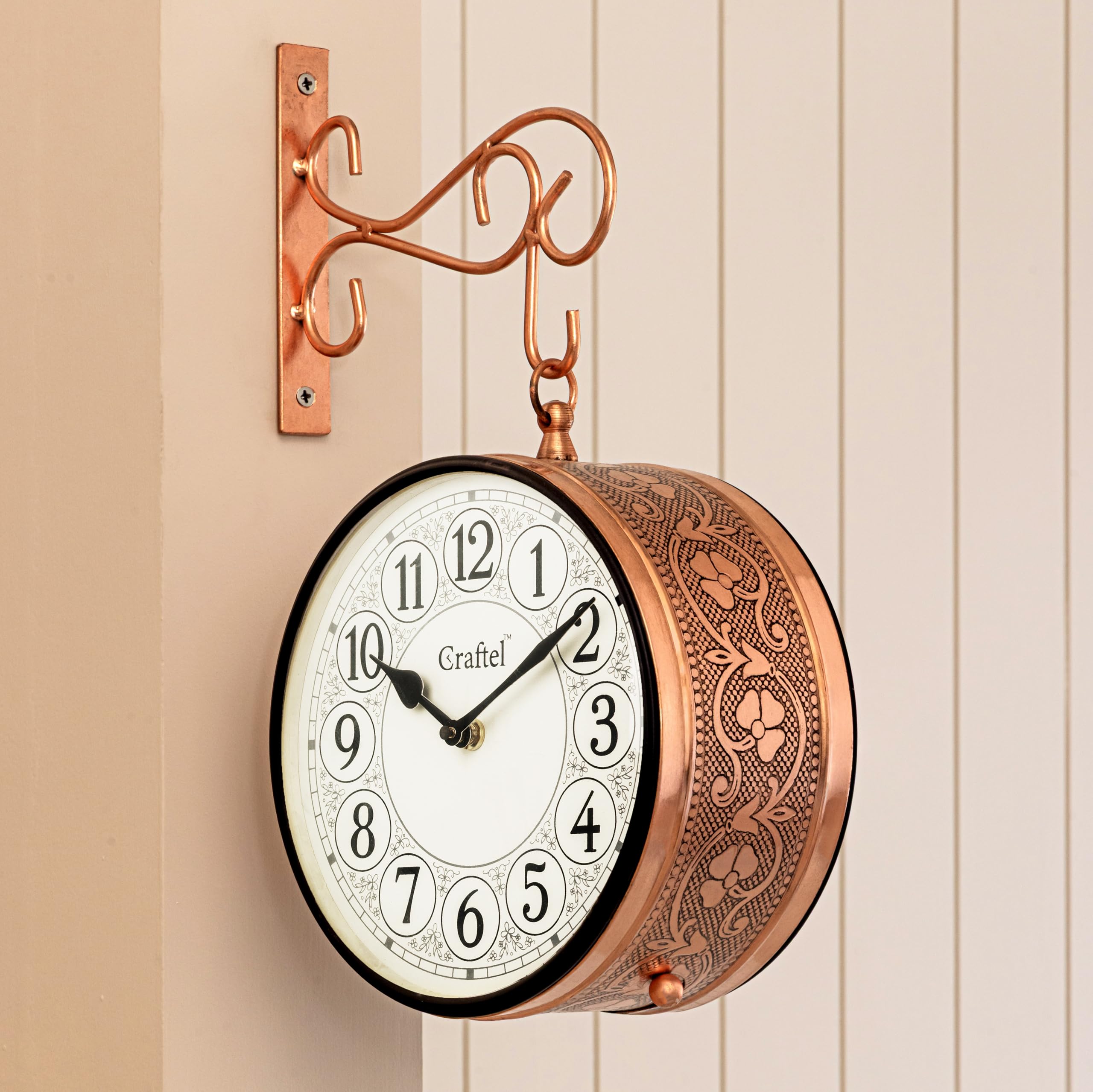 CRAFTEL Metal Analog Railway Wall Clock Vintage Double Sided Hanging Clock for Living Room Home and Office (Dial - 8 Inches, Ros