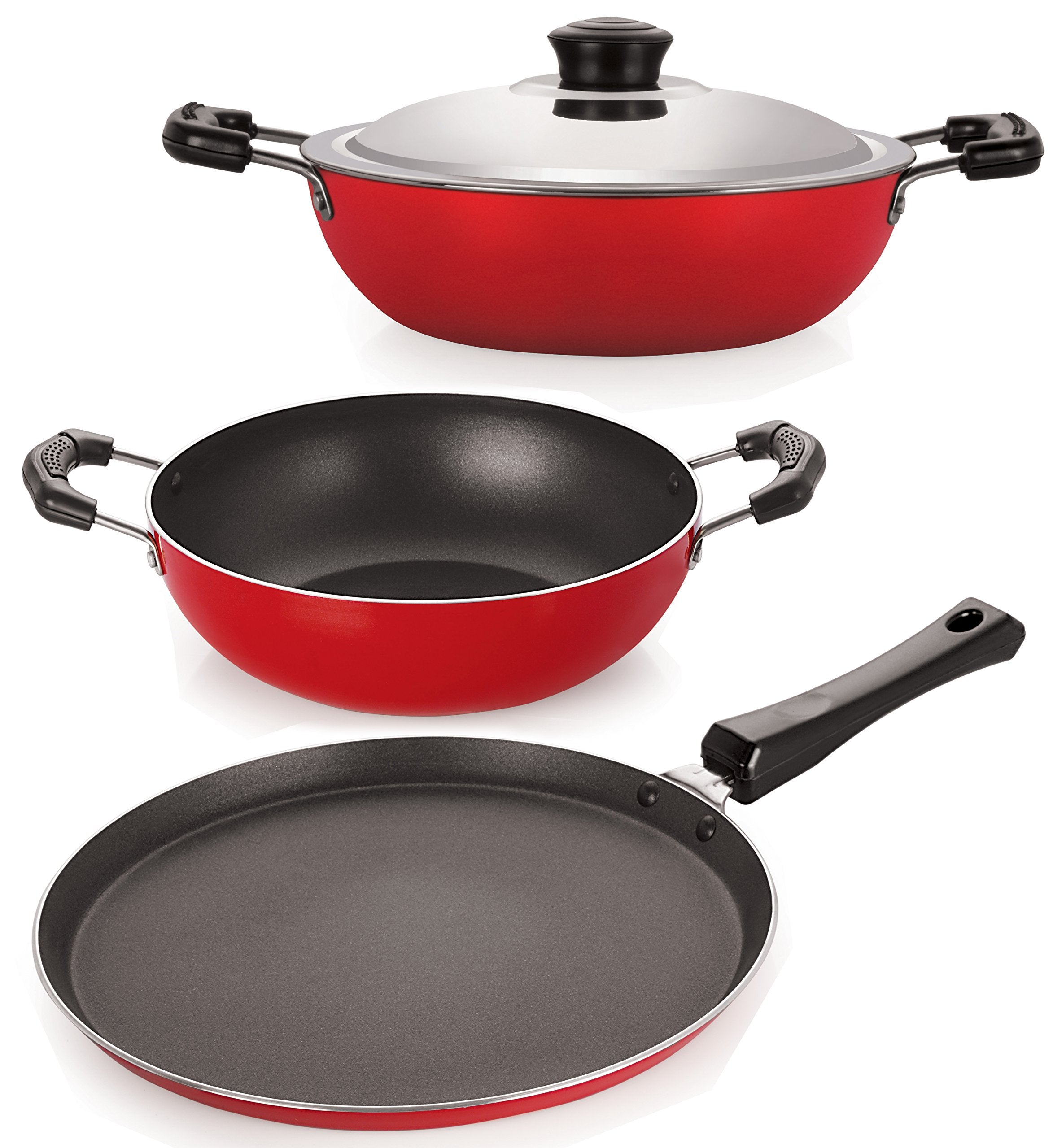 Nirlon NonStick Aluminium Cookware Set, 3Pieces, Red (26_Dkdb_Kd13_Ft11)