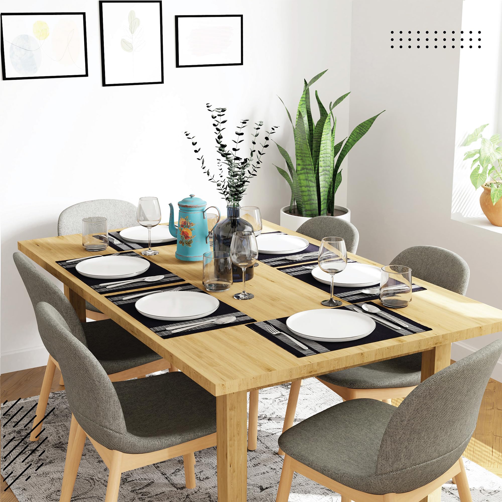 Encasa Xo Dining Placemat Set Of 6 | Ladder Black Color | Fine Ribbed Cotton Table Mat | Size 18X13 In | Machine Washable