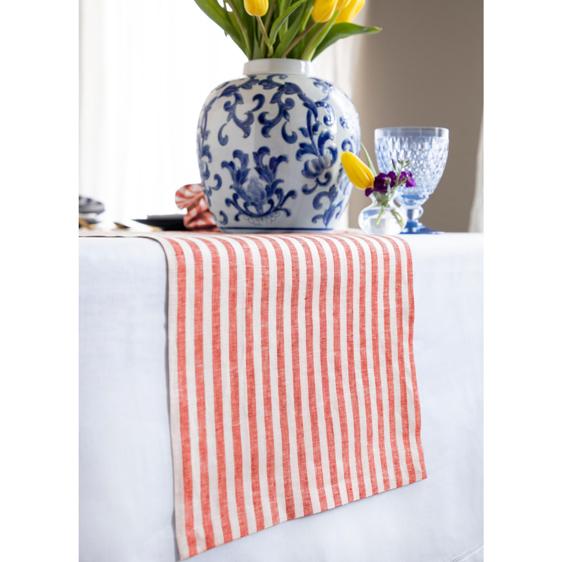 Solino Home Stripe Linen Table Runner 108 Inches Long - 100% Pure Linen Red And White Valentines Day Table Runner 14 X 108 Inch