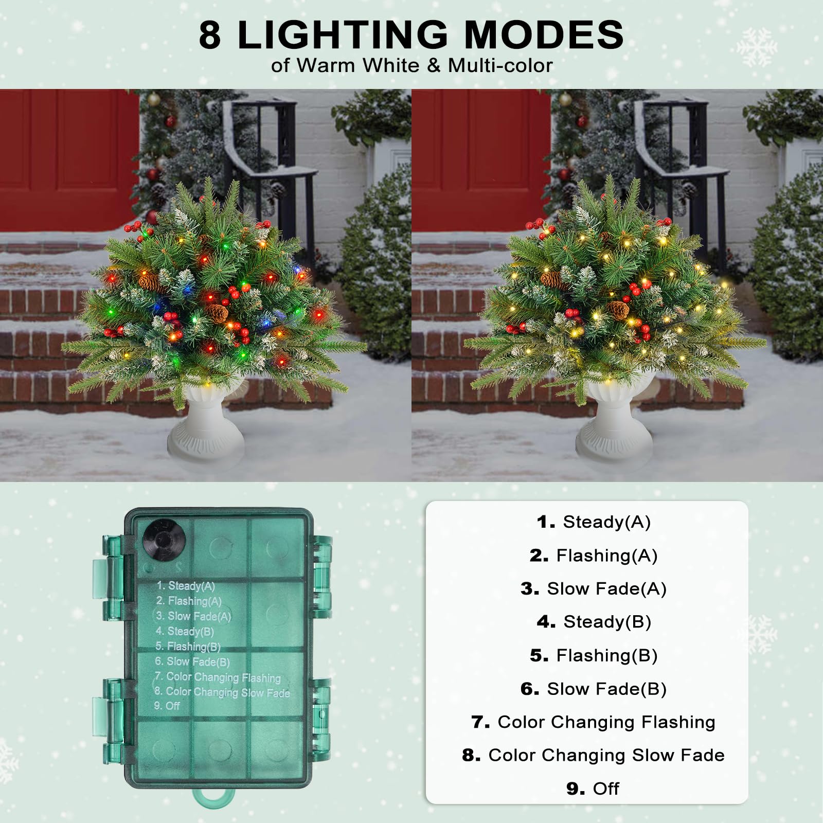 2 Pack Christmas Tree Urn Filler, Battery Operated with Timer, Pre-lit Warm White & Multi-Color Changing LED Lights, 21in Artifi