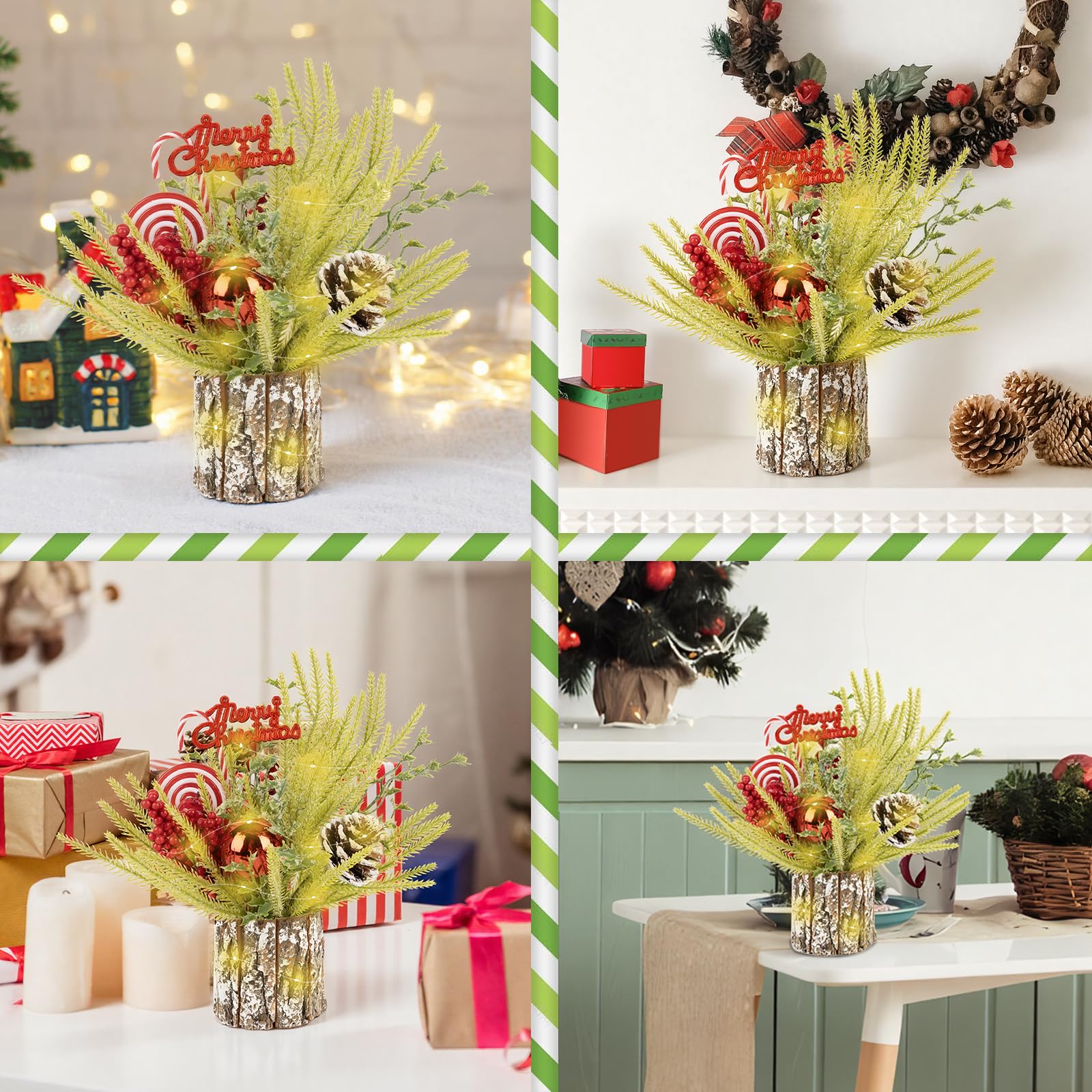 Small Table Top Christmas Tree with Lights, Mini Christmas Tree Decorations with Merry Christmas Candy Canes Pine Cones Berries