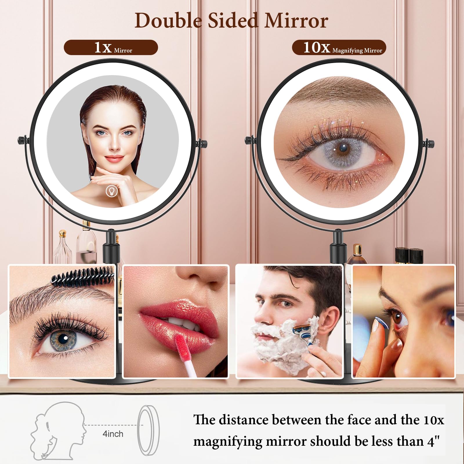 Rndecuck 8'' Lighted Makeup Mirror With Magnification 10X And 3 Color Light 2500Mah Rechargeable Height Adjustable 360 Rotation