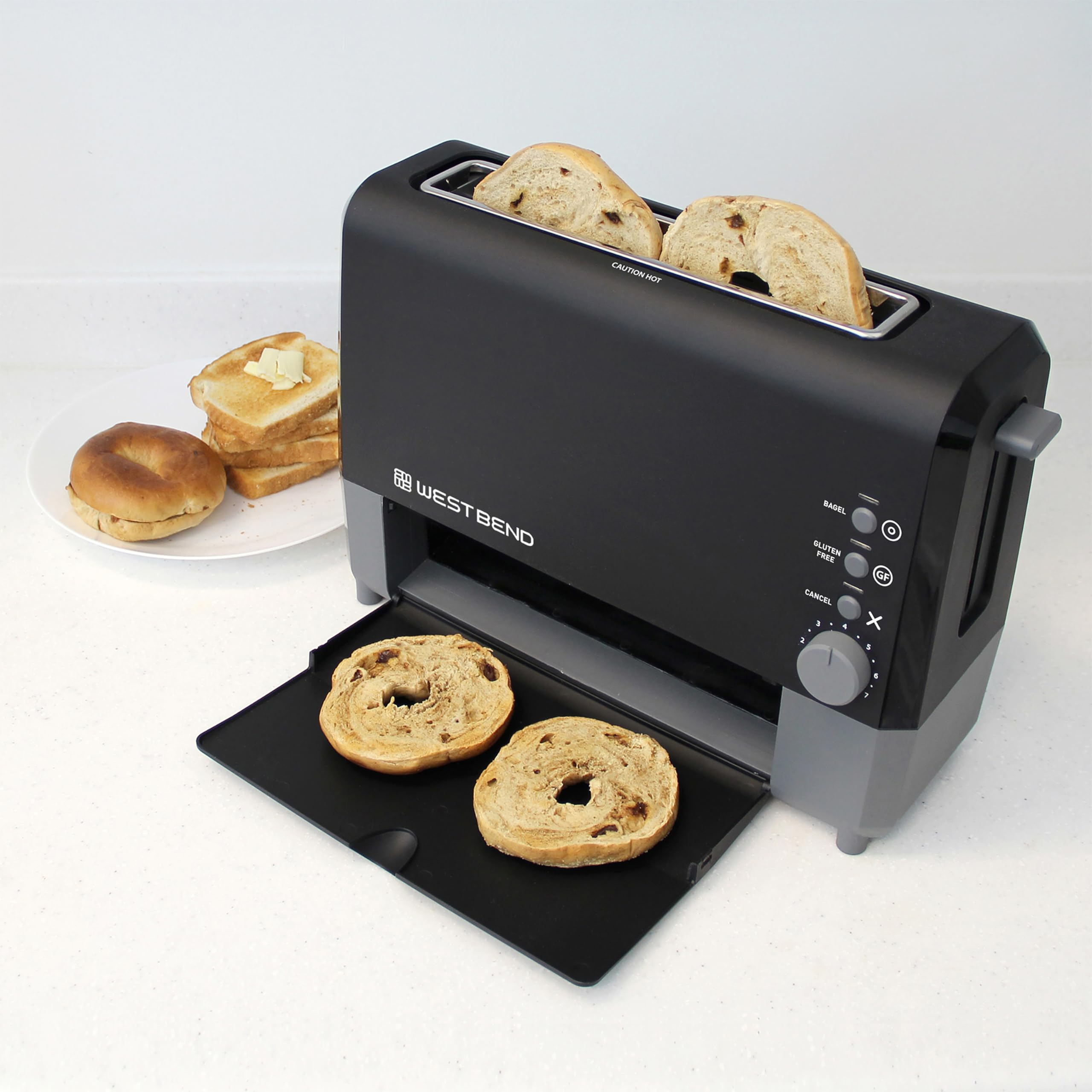 West Bend QuikServe Toaster 2-Slice, Black, Bagel & Gluten-Free Settings, 1400-Watts, Cool-Touch Exterior, Model 77224