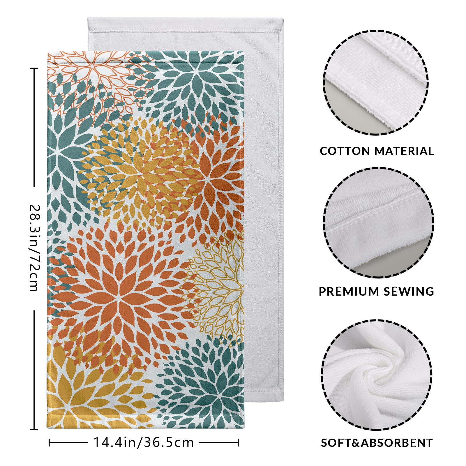 Lealeg Dahlia Floral Hand Towel Set Of 2 Orange And Yellow Flower Kitchen Dish Towels Abstract Geometric Tea Towel Spring Green