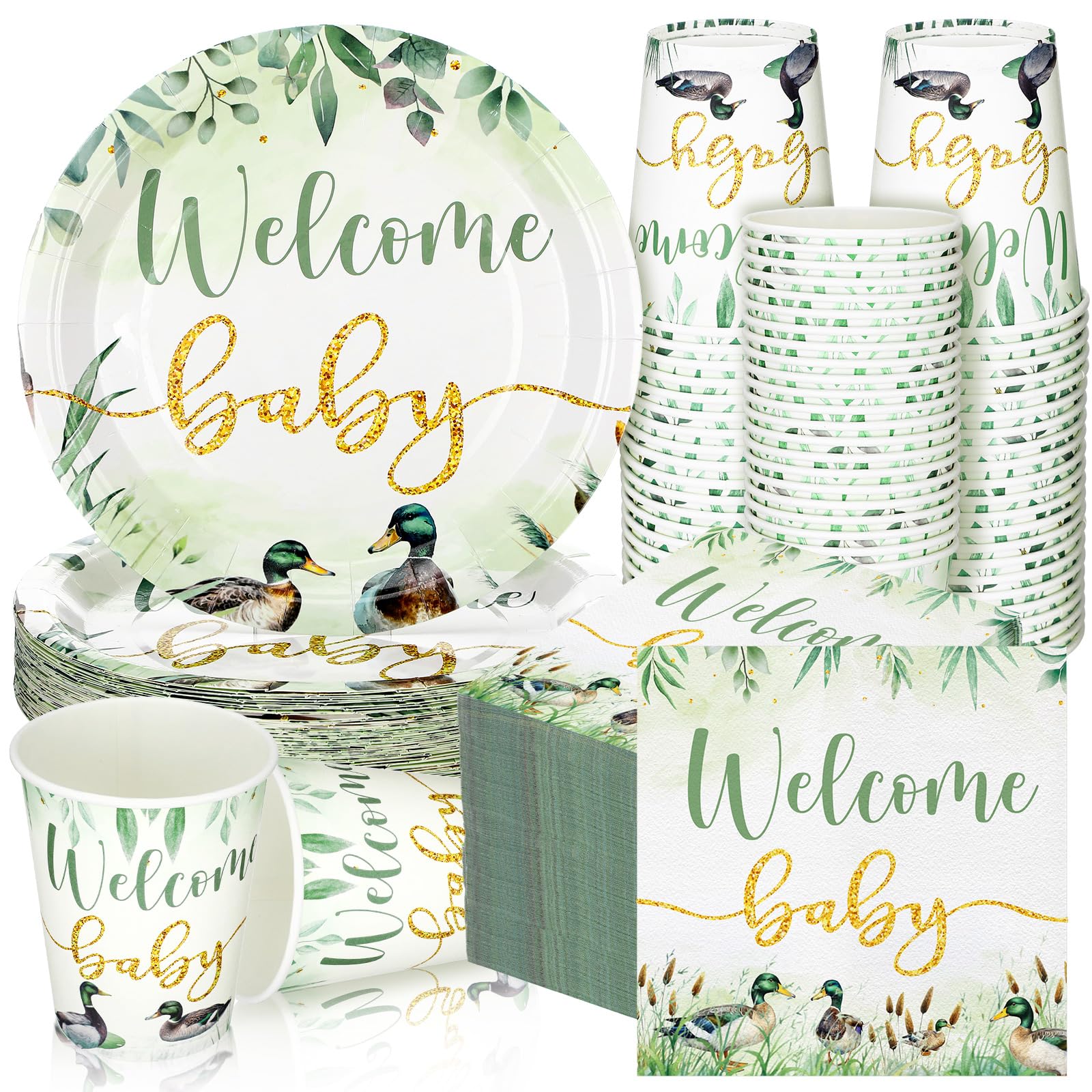Hushee 200 Pcs Mallard Duck Baby Shower Paper Plates Napkins Cups Baby Shower Party Supplies Tableware Set Disposable Cup Napkin