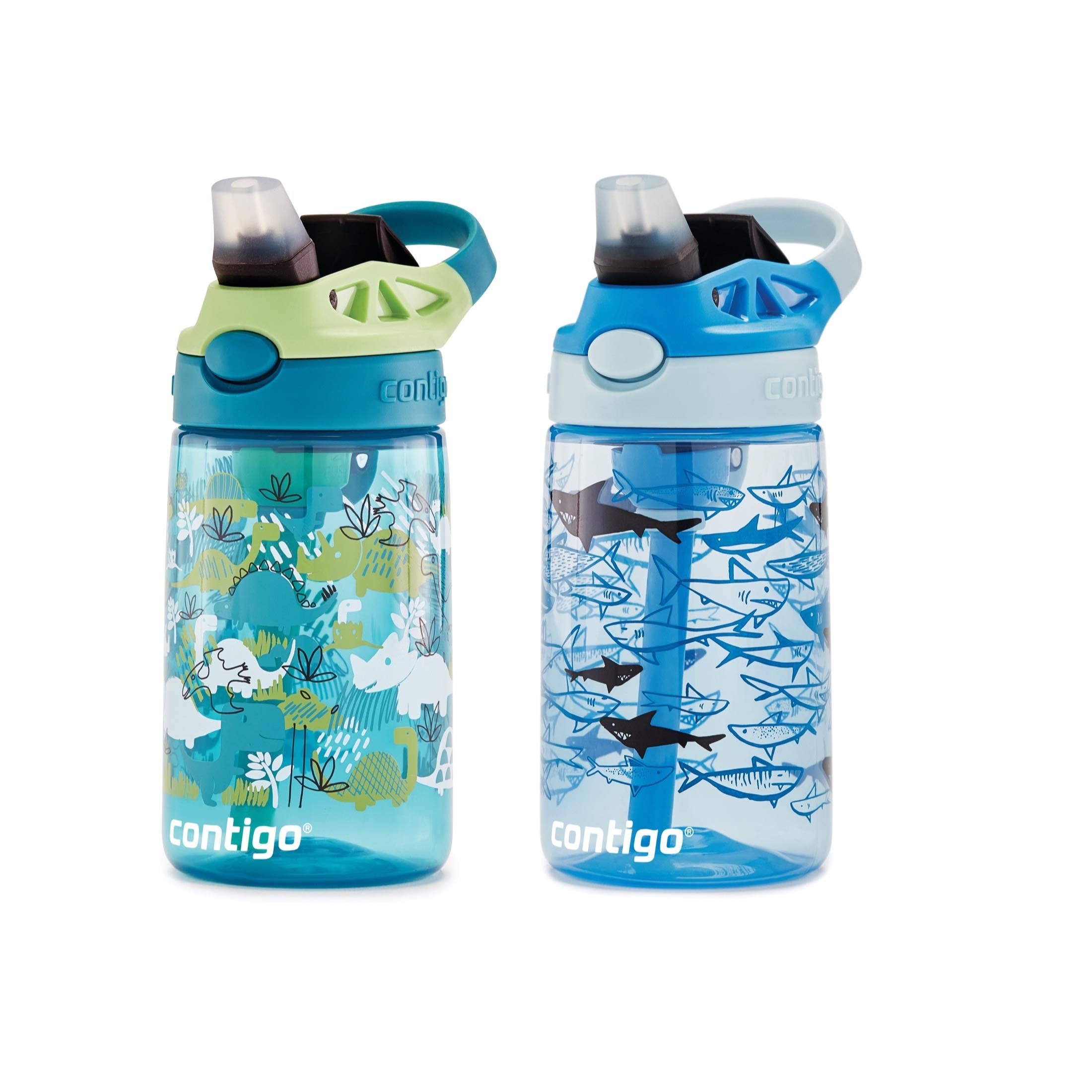 Contigo Aubrey Kids Dinos & Sharks, Cleanable Water Bottle With Silicone Straw, Spill-Proof Lid, Dishwasher Safe, 14Oz 2-Pack