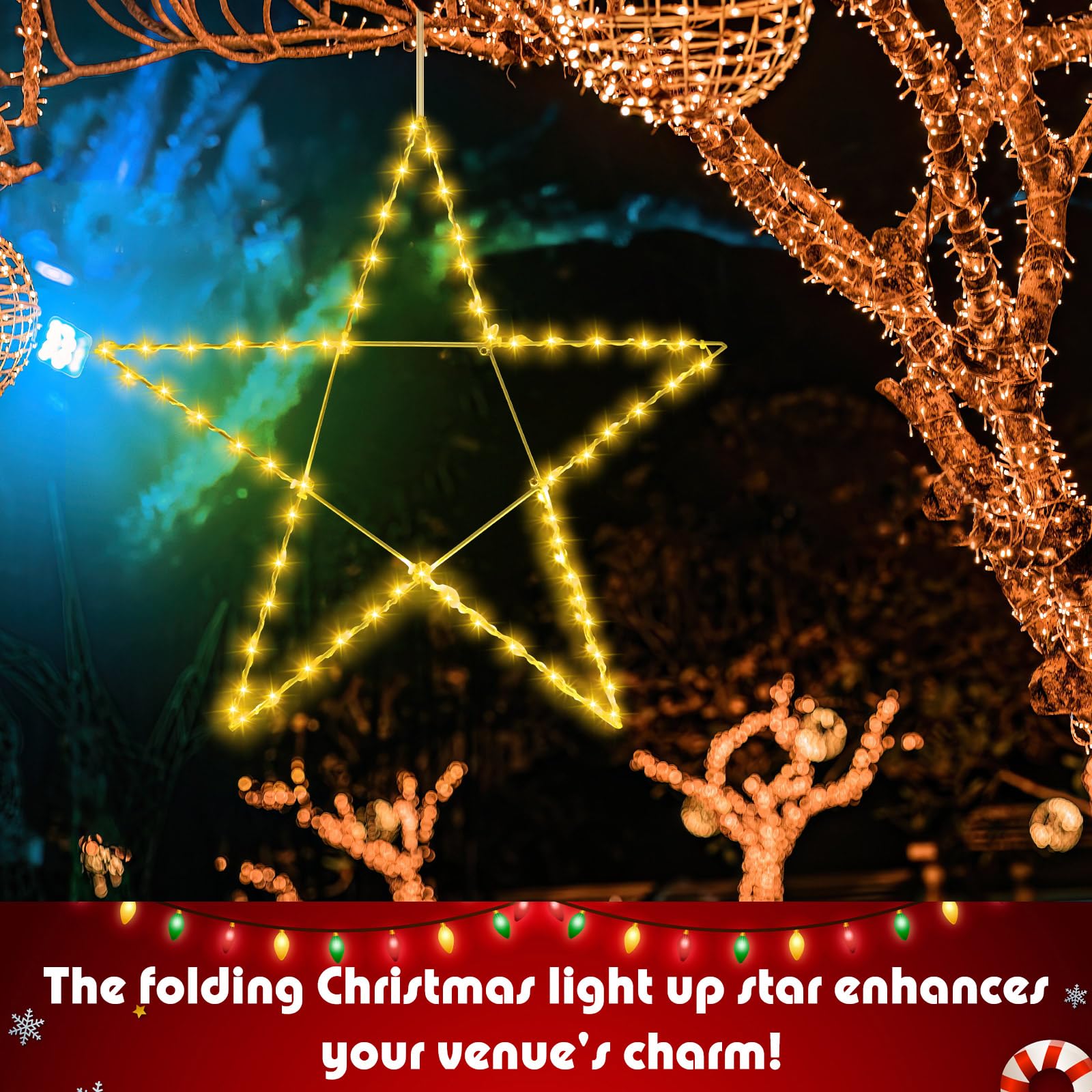 Retisee 32 Inch Large Lighted Christmas Star Warm White LED Xmas Outdoor Light up Star Motif for The Top Wall Hanging Christmas