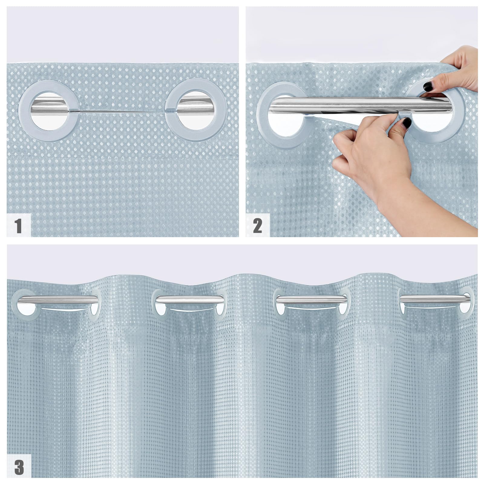 Mitovilla No Hooks Needed Blue Waffle Shower Curtain With Snap-In Liner, Modern Waffle Weave Heavy Duty Fabric Cloth Shower Curt