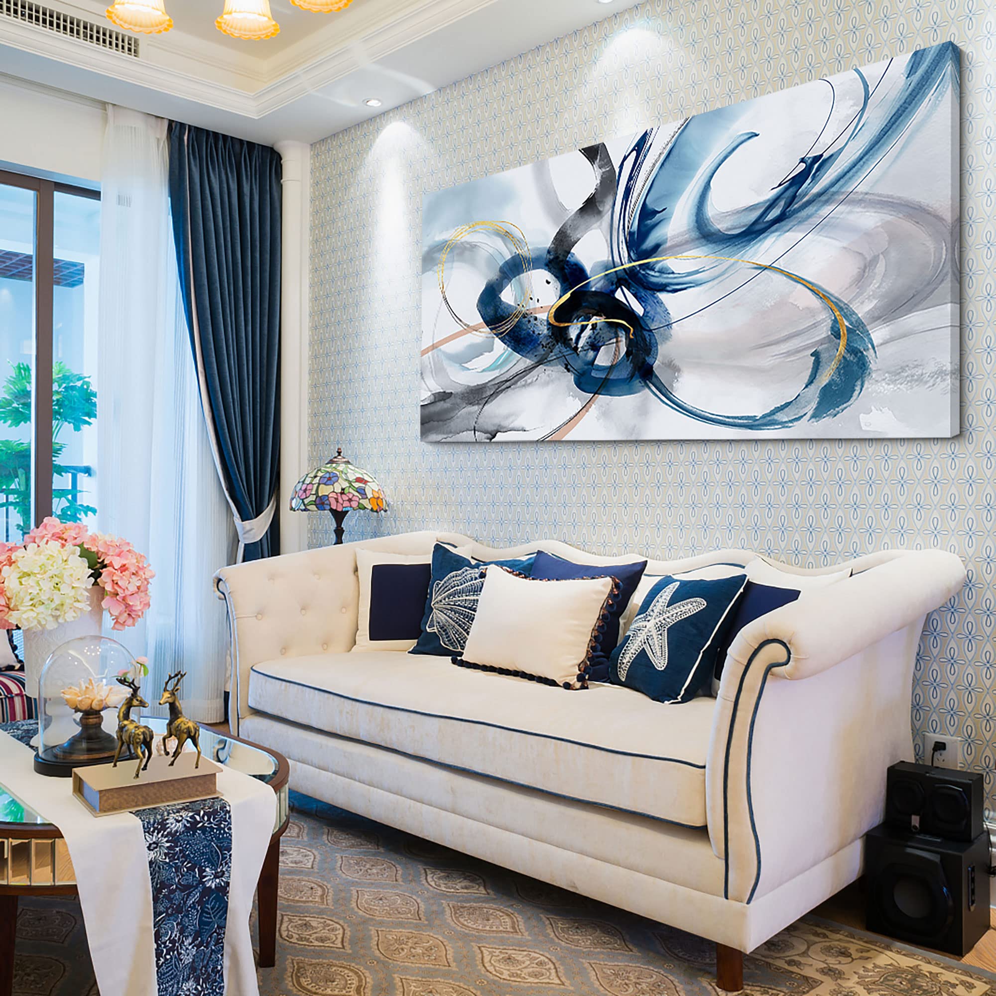 Yiijeah Large Abstract Canvas Art Elegant Combination Of Tones Modern Living Room Wall Decor Black And White Gray Background Blu