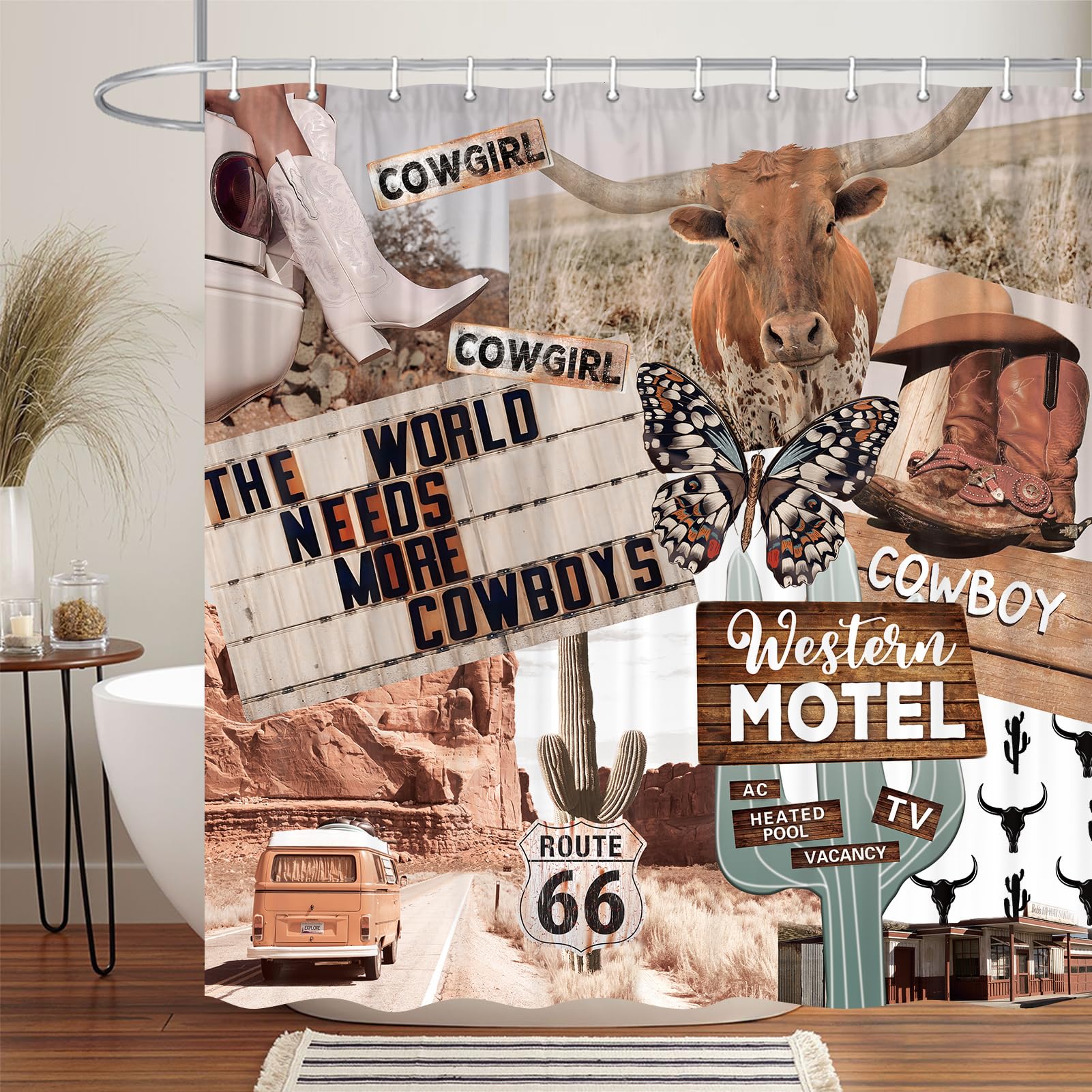 Western Boho Shower Curtain, Funny Rustic Farmhouse Cow Butterfly West Desert Cactus Cowboys Cowgirl Shower Curtain, Western Azt