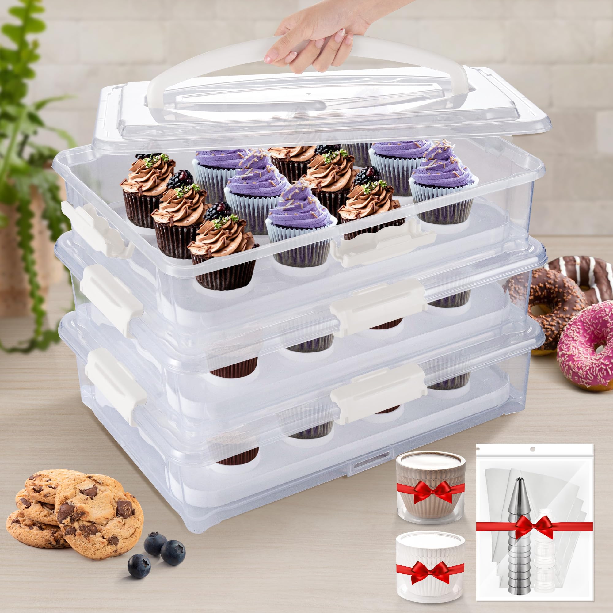 Arc 3-Tiers Cupcake Carrier (White) - Cupcake Holder And Cake Transport Container That Holds Up To 36 Cupcakes Or 3 Large Cakes