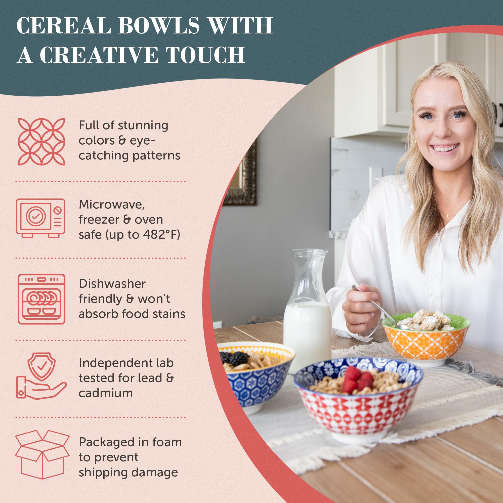 Annovero 23 Oz Bowls | Deep Cereal Bowls Set Of 6 | Colorful Porcelain Bowls For Serving Breakfast, Dinner, Or Small Dish Of Sou