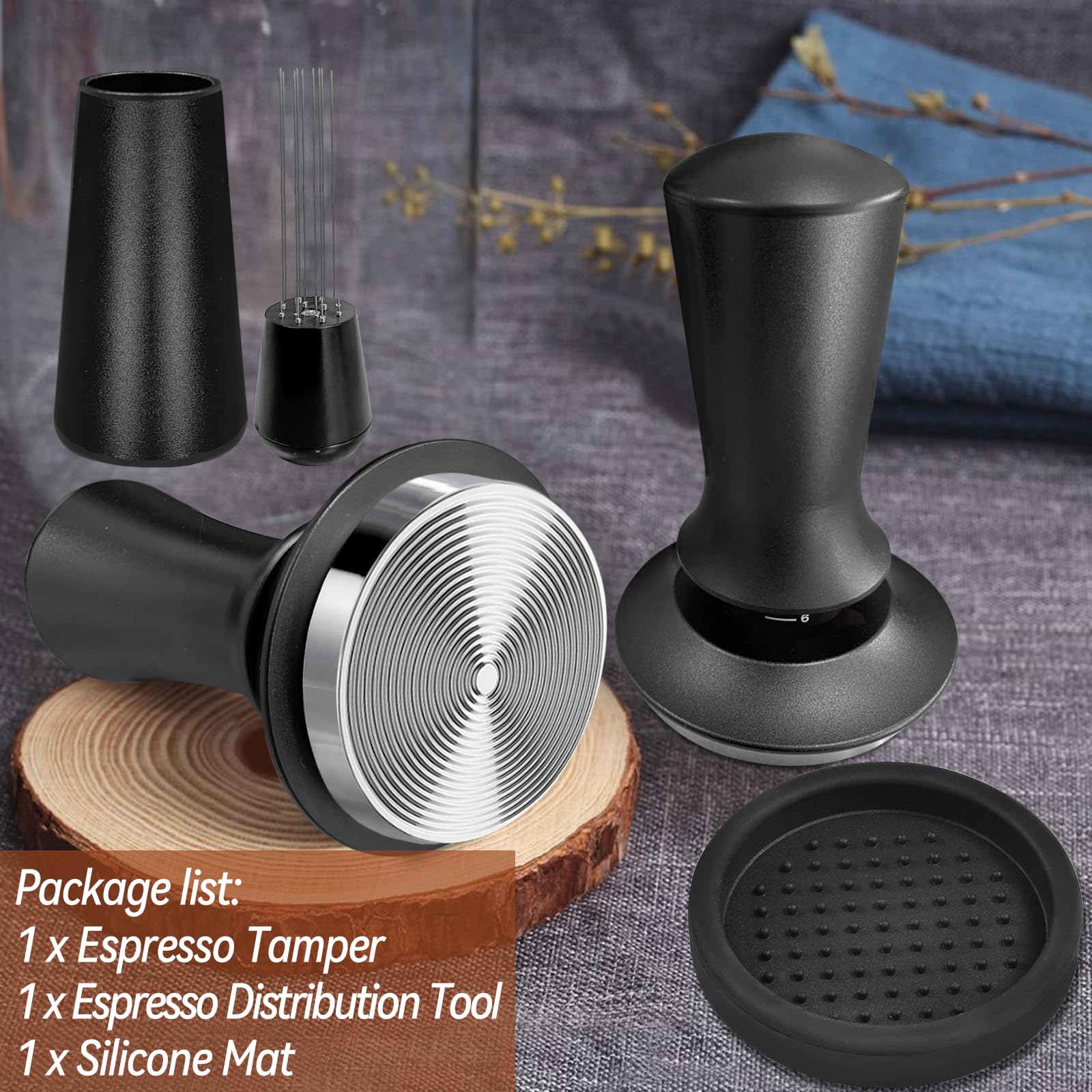 Coffee Espresso Tamper 51Mm With Wdt Tool Calibrated Spring Loaded, Coffee Tamper With Silicone Tamper Mat,Black Espresso Distri