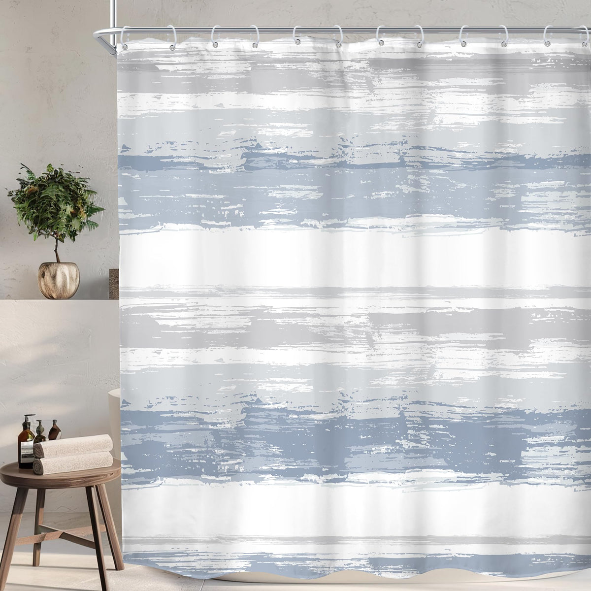 Komllex Abstract Blue Shower Curtain For Bathroom Decor 72Wx72H Modern White Grey Striped Aesthetic Minimalist Geometric Simple
