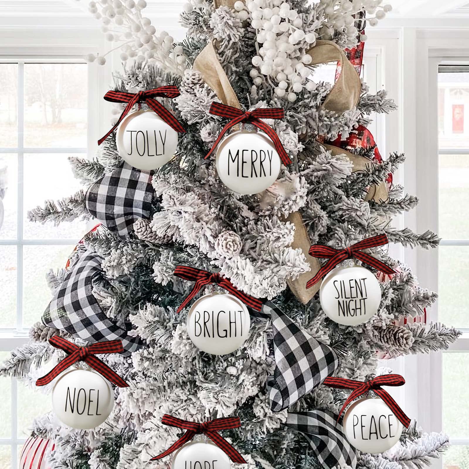 Christmas Ornaments - Set of 12 Shatterproof White Bulbs Adorned with Buffalo Plaid Bows - Rustic Farmhouse Christmas Tree Decor