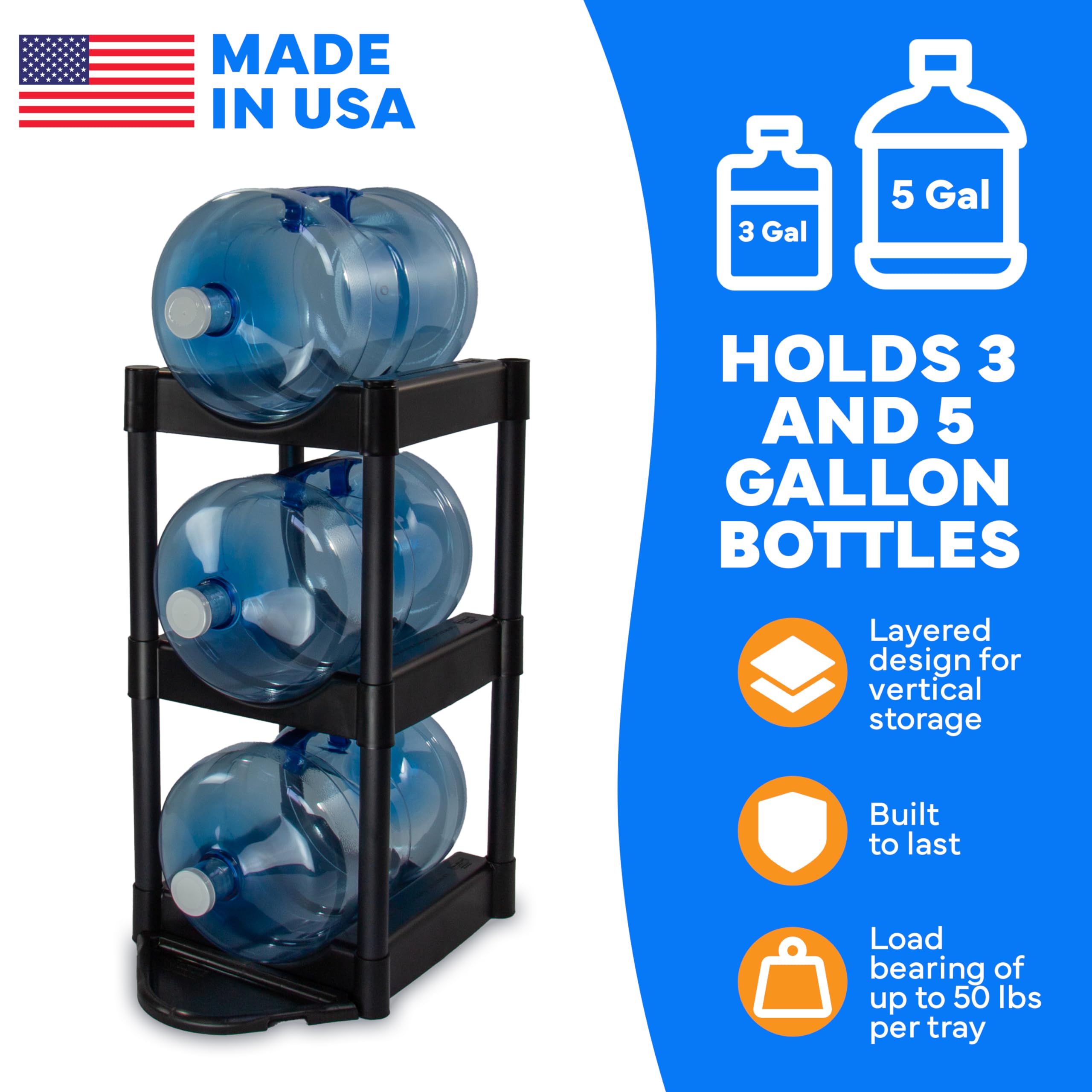 Bottle Buddy Cascada Pour & Store System Water Bottle System-3-Tier 5 Gallon Jug Storage Rack With Floor Protector & Dispenser T