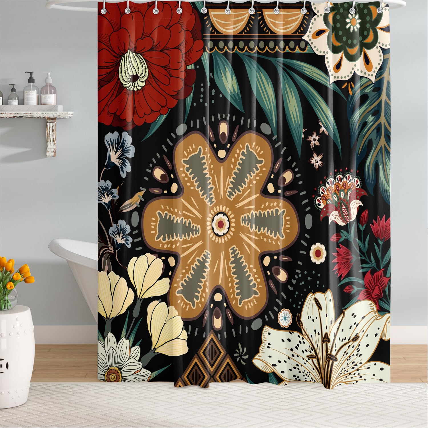 Bivinar Black Boho Floral Shower Curtain, Bohemian Mandala Flower Bathroom Shower Curtain, Fabric Waterproof Shower Curtain With