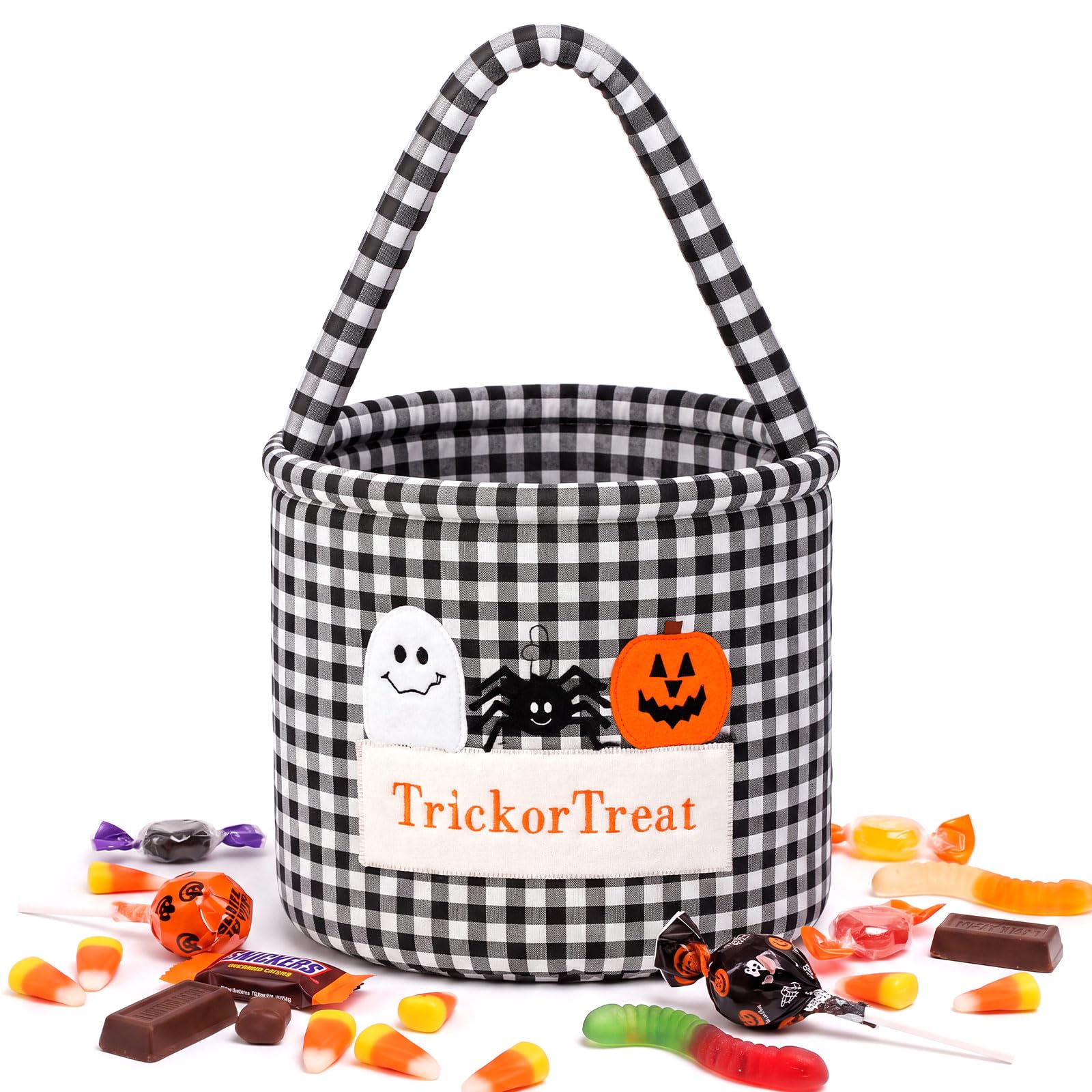 Marsui Halloween Trick or Treat Basket Candy Bucket, Black White, Gingham