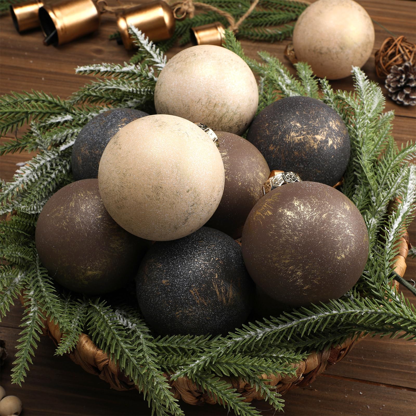 Yunlly 12 Pcs Large Neutral Textured Christmas Ball Ornaments 3.15 Inch Vintage Rustic Metallic Brown Xmas Bulbs Ornament Shatte