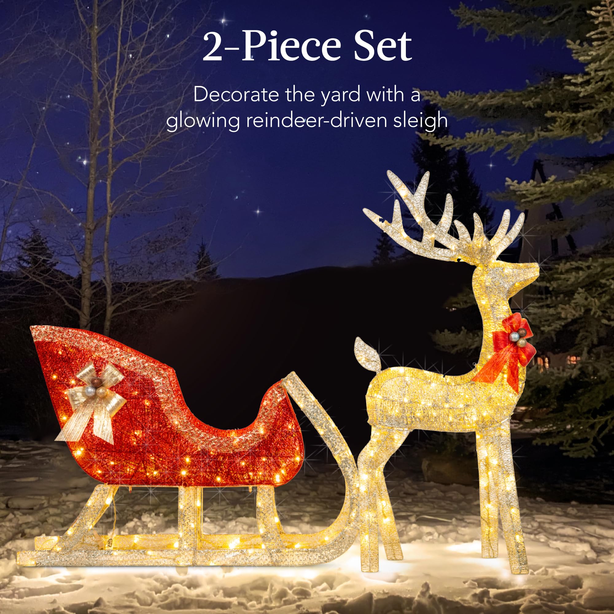 Best Choice Products XL Lighted Christmas 5ft Reindeer & Sleigh Holiday Outdoor Yard Decoration Set w/ 265 LED Lights, Stakes, Z