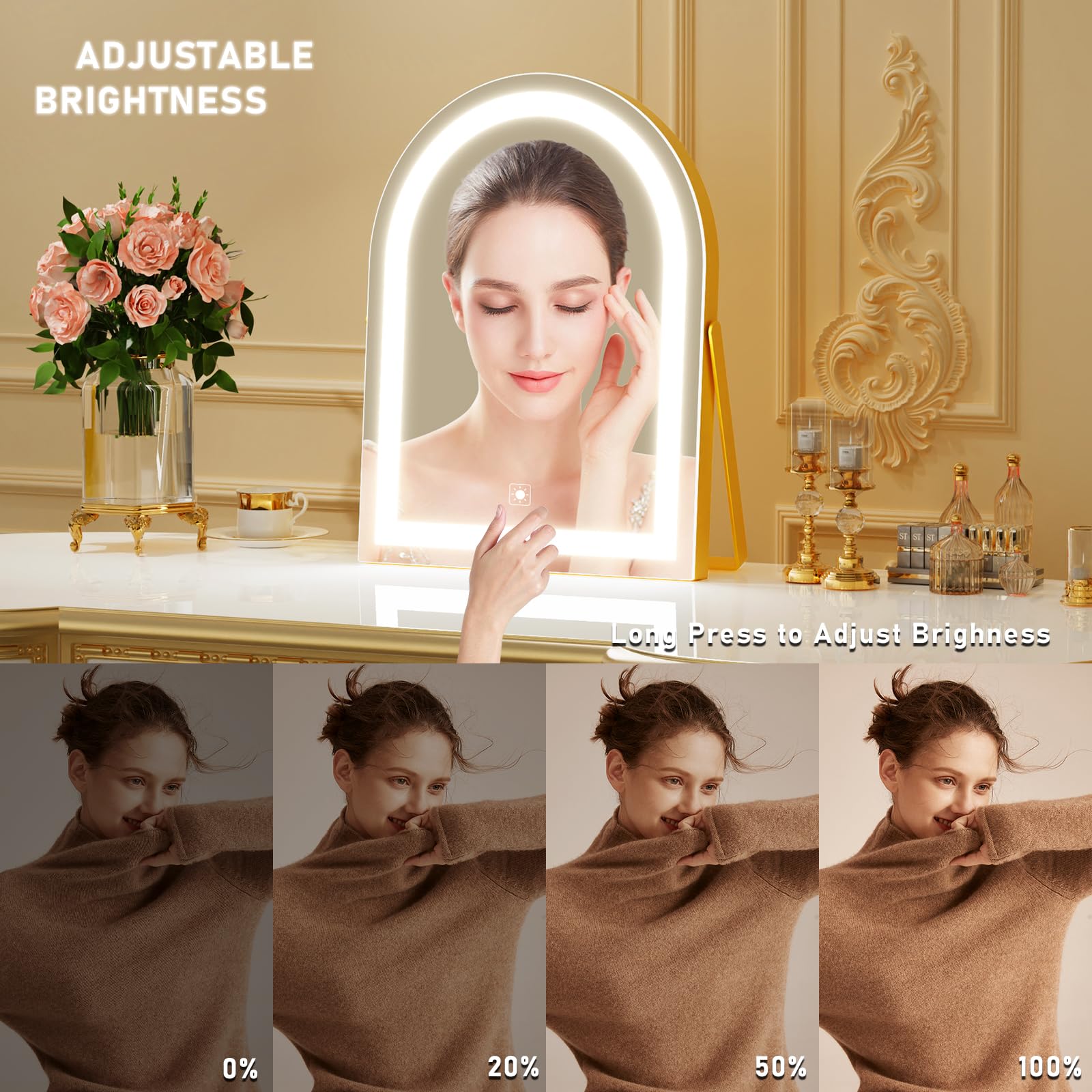 Gvnkvn Elegant LED Vanity Mirror with 3-Color Adjustable Lights, Arched Makeup Mirror 360 Rotating Stand & Touch Control - Perfe