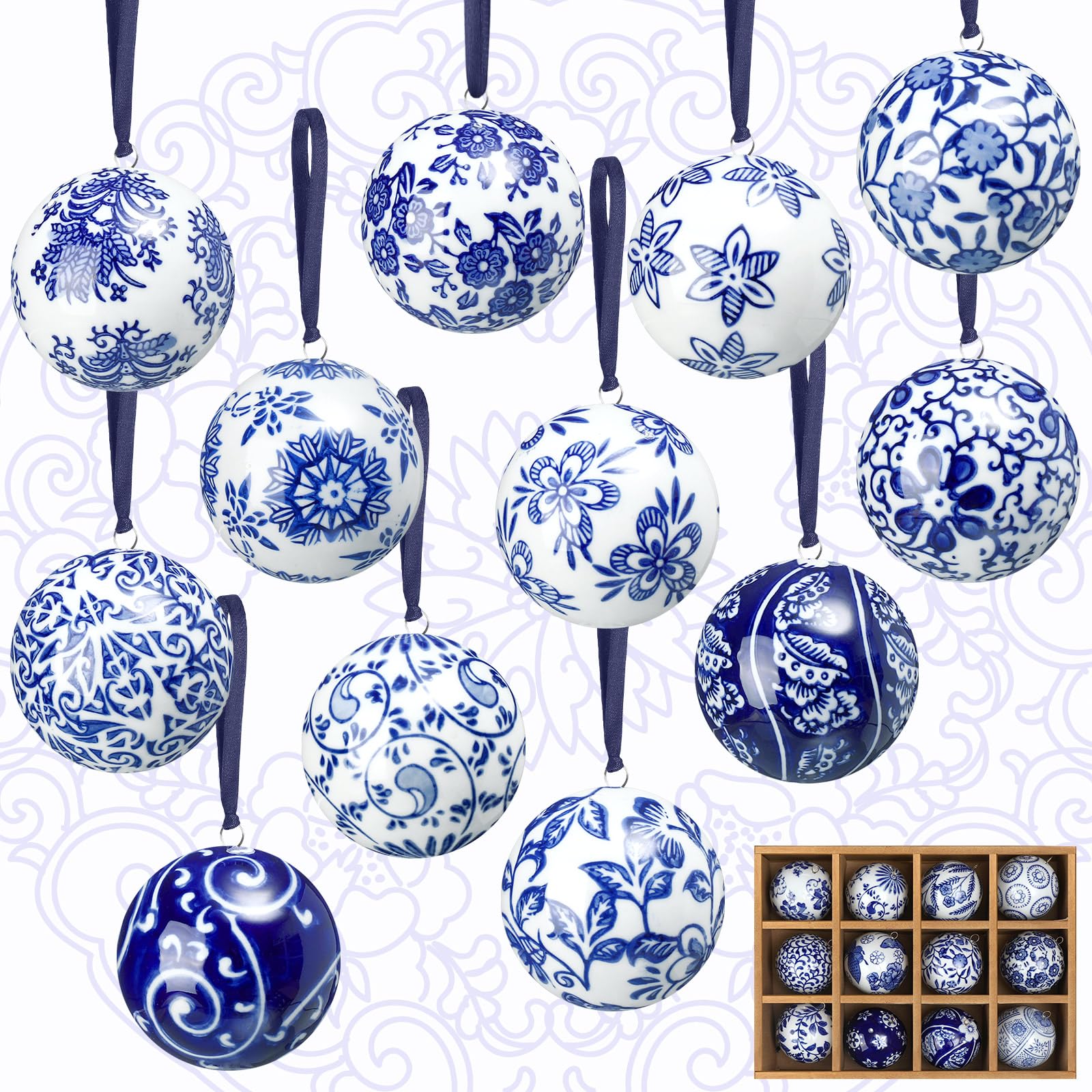 Cindeer 12 Pcs Blue and White Christmas Porcelain Balls 2.4 Inch Porcelain Chinoiserie Ornament Bulk Christmas Ceramic Hanging D
