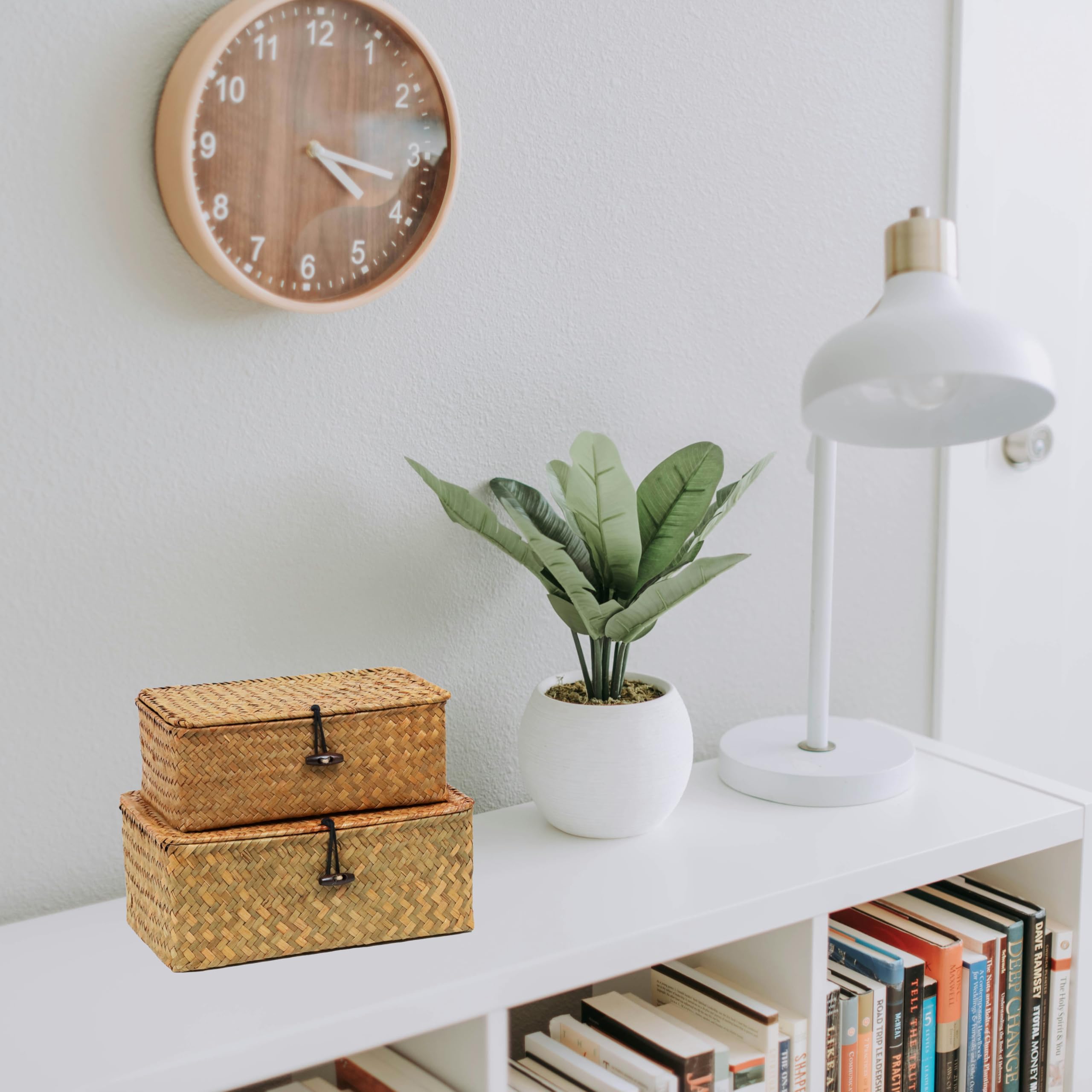 Set Of 2 Wicker Basket With Lid, Seagrass Woven Basket For Storage, Decorative Storage Baskets Bins For Organizing Home