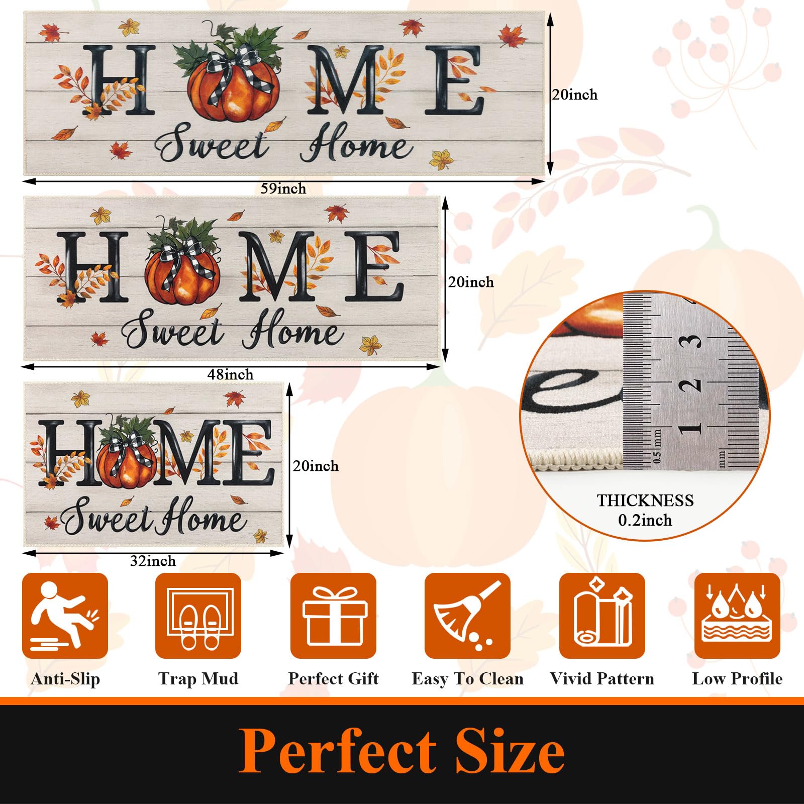 U Artlines Fall Pumpkin&Home Kitchen Rugs with Runner Sets 3 Piece Farmhouse Seasonal Harvest Holiday Party Rugs and Mats Non S