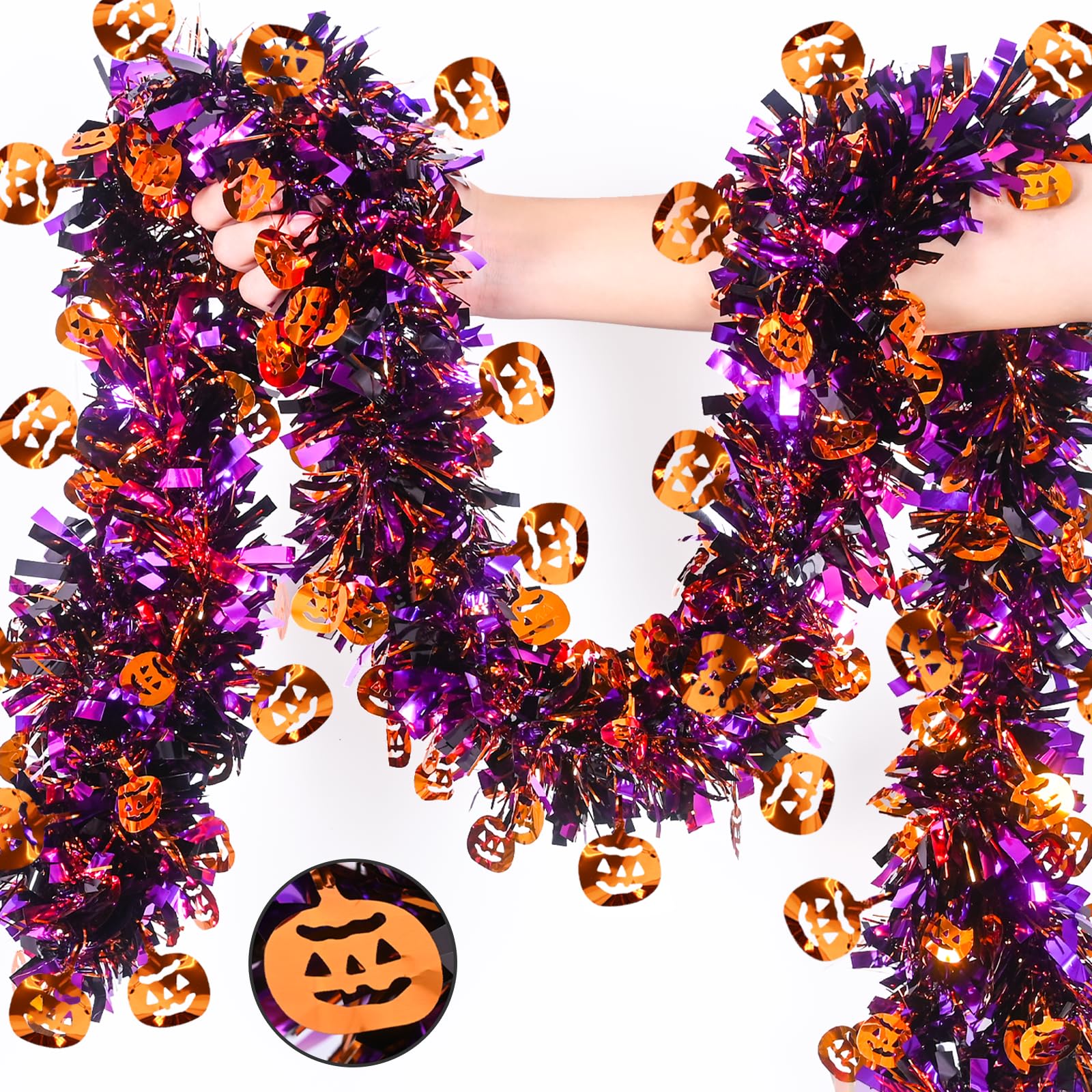 Mega-L Halloween Decorations, 27FT Halloween Tinsel Garland with Orange Pumpkin, Hanging Streamer Shiny Metallic Twist Garland f