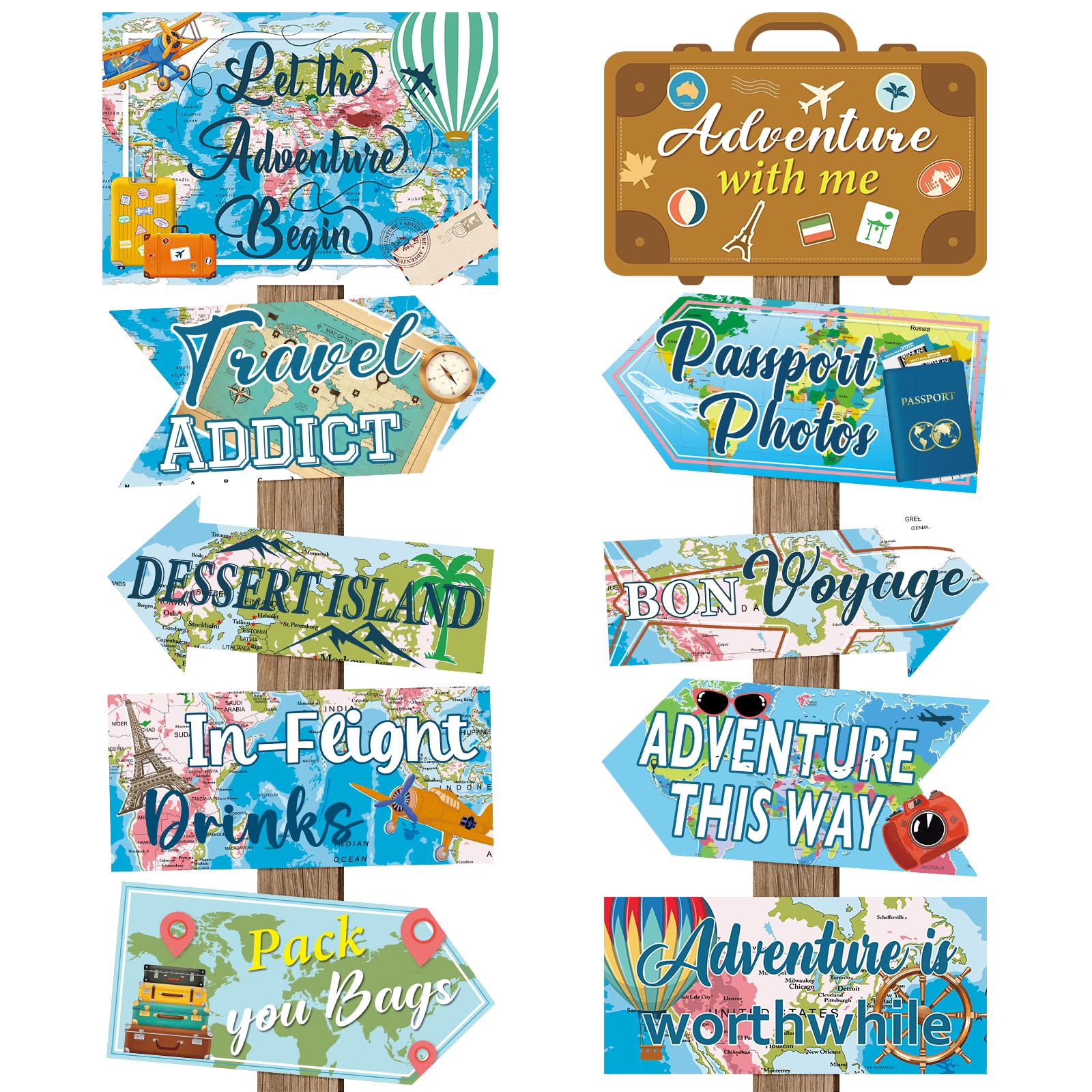 20 Pieces Travel Party Signs Travel Themed Party Decorations Let The Adventure Begin Sign Around the World Decorations Bon Voyag