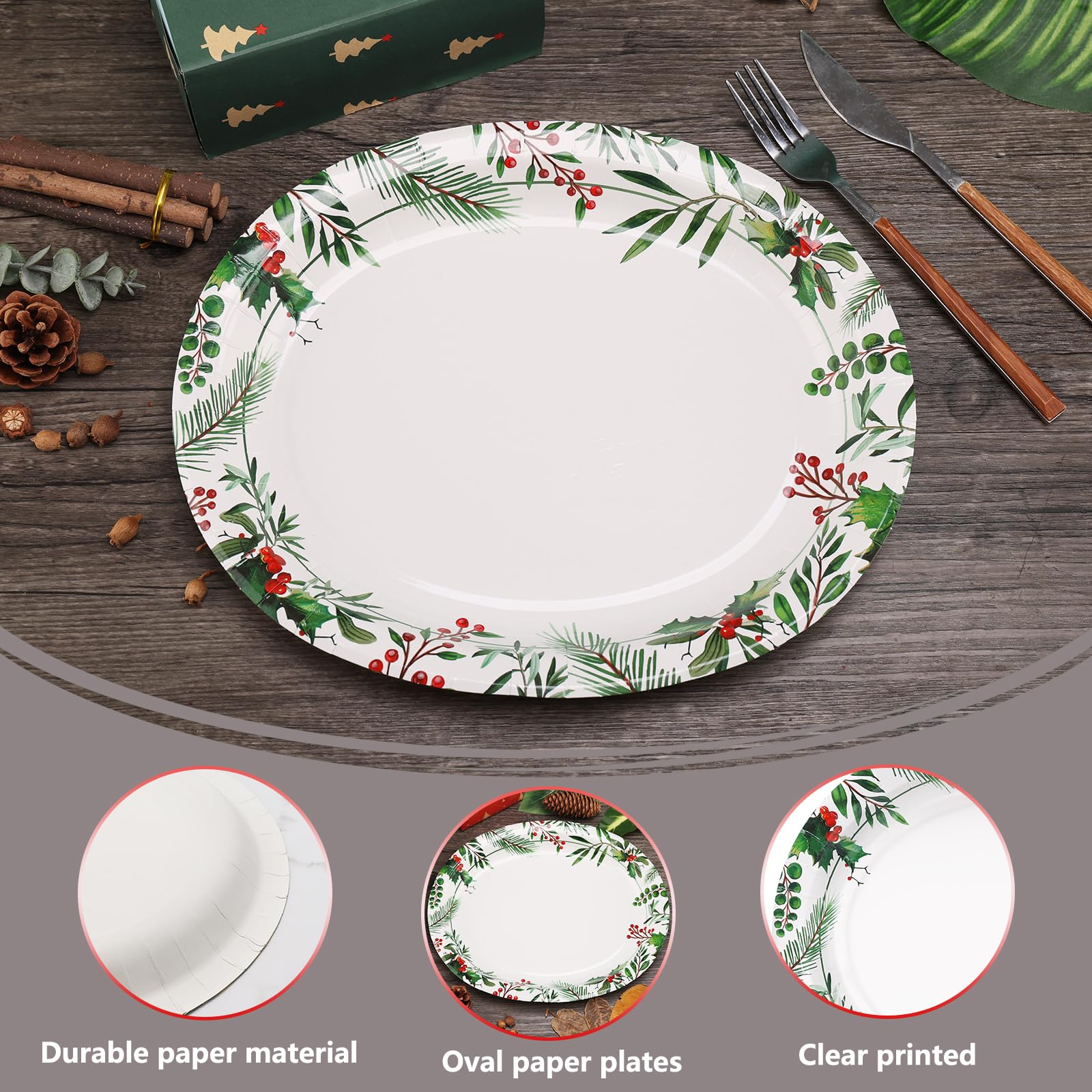 VEIZEDD 50 Count Oval Christmas Plates, 12x10 Heavy Duty Paper Plates with Holly Leaves Red Berries for Xmas Holiday Wedding Gre