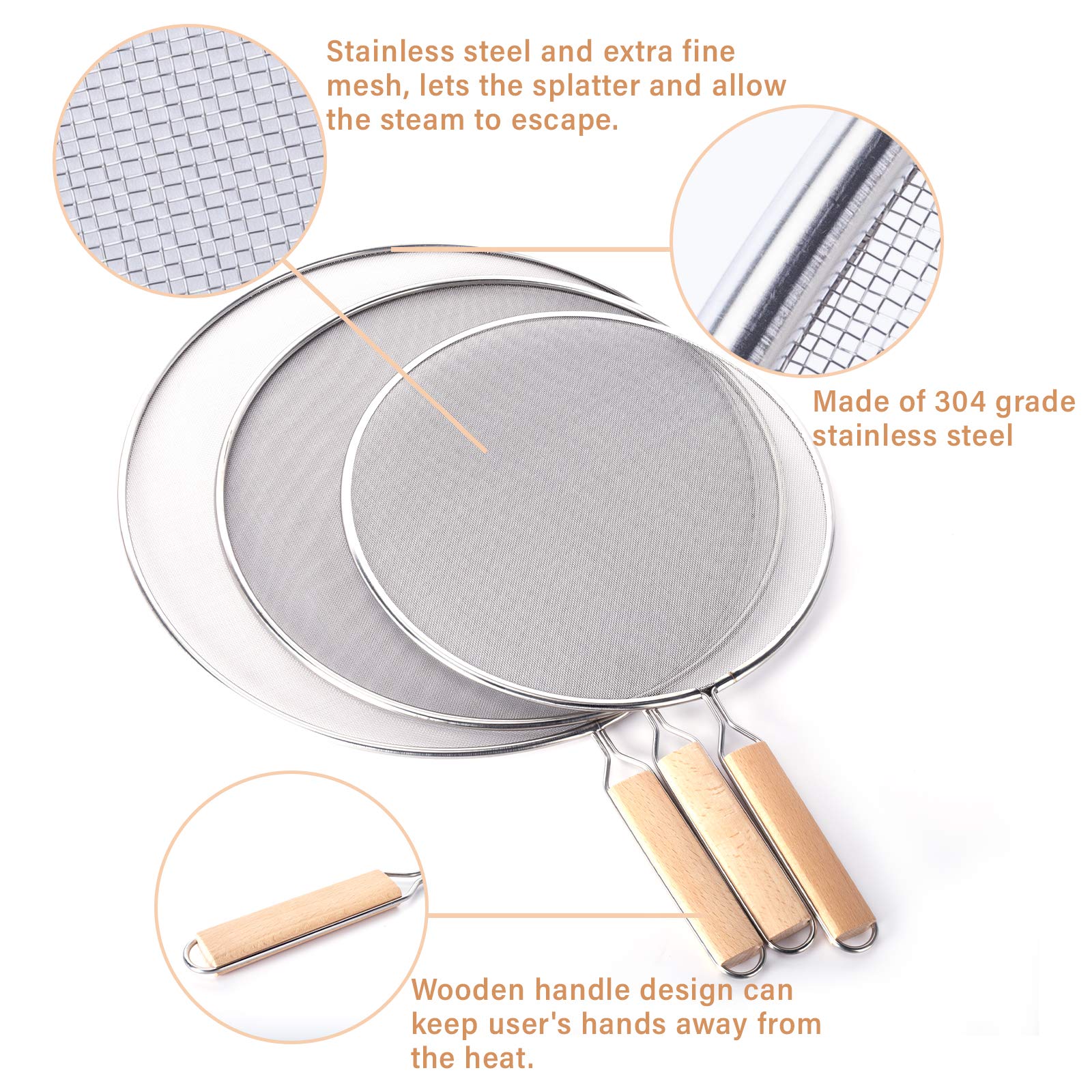 3 Pieces Grease Splatter Screen For Frying Pan, Splatter Guard Mesh Stainless Steel Grease Guard Shield For Kitchen Frying Pan C