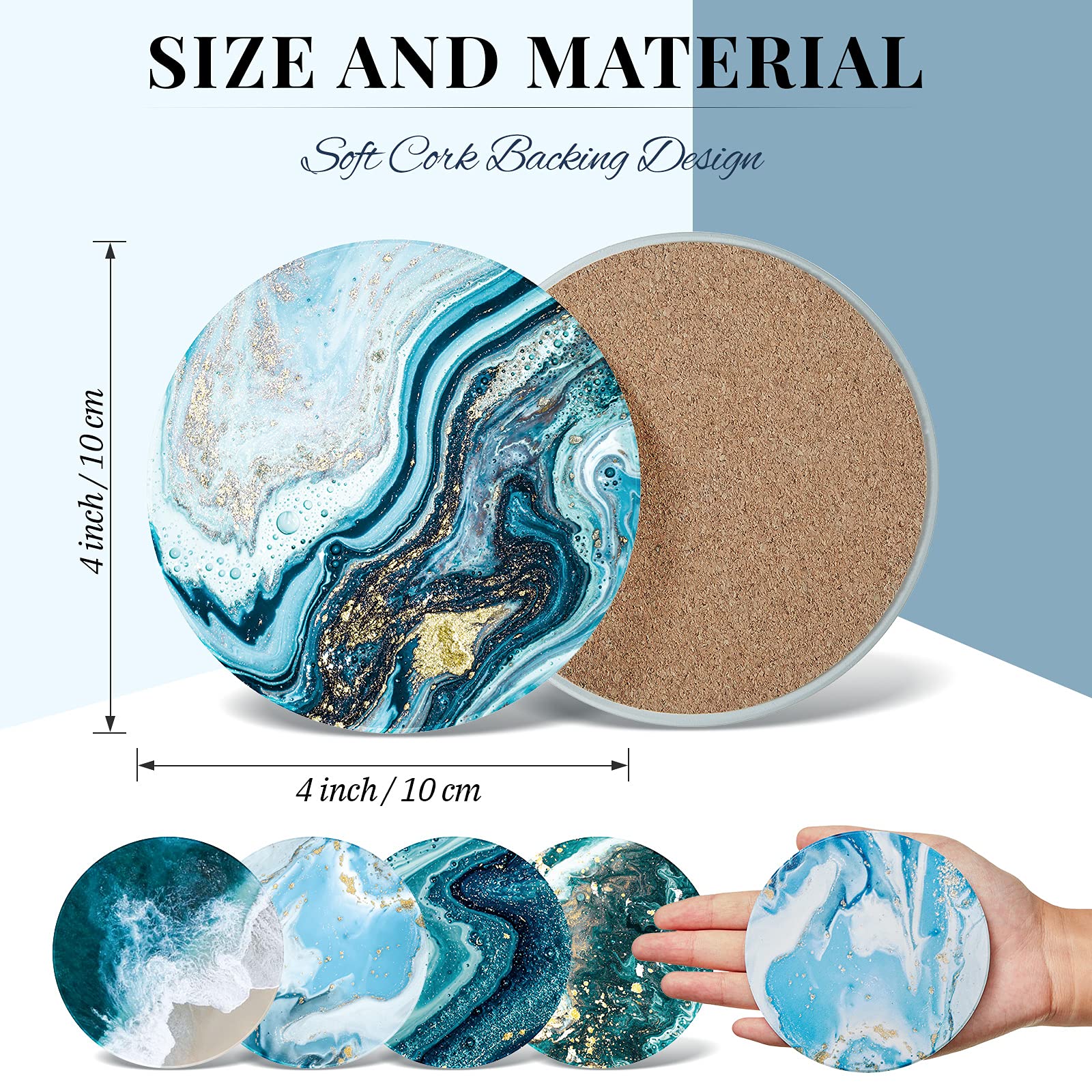 8 Pieces Coasters For Drinks With Holder, Marble Ocean Pattern Ceramic Absorbent Coasters With Cork Base Ocean Style Absorbent C