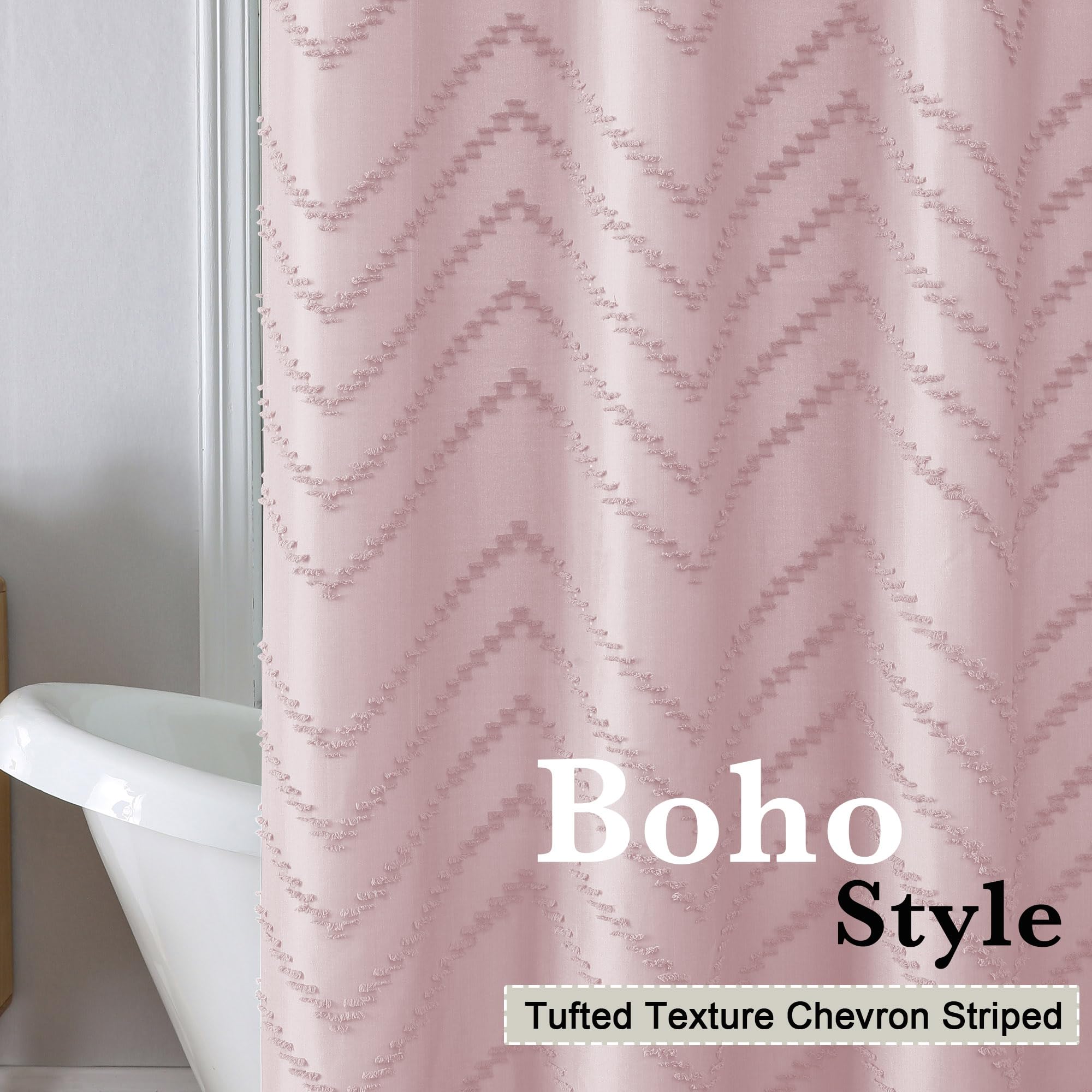 Chyhomenyc Chevron Extra Long Blush Pink Boho Shower Curtain Set 72X96 Inches, Fabric Shower Curtain Modern Farmhouse Chic Textu