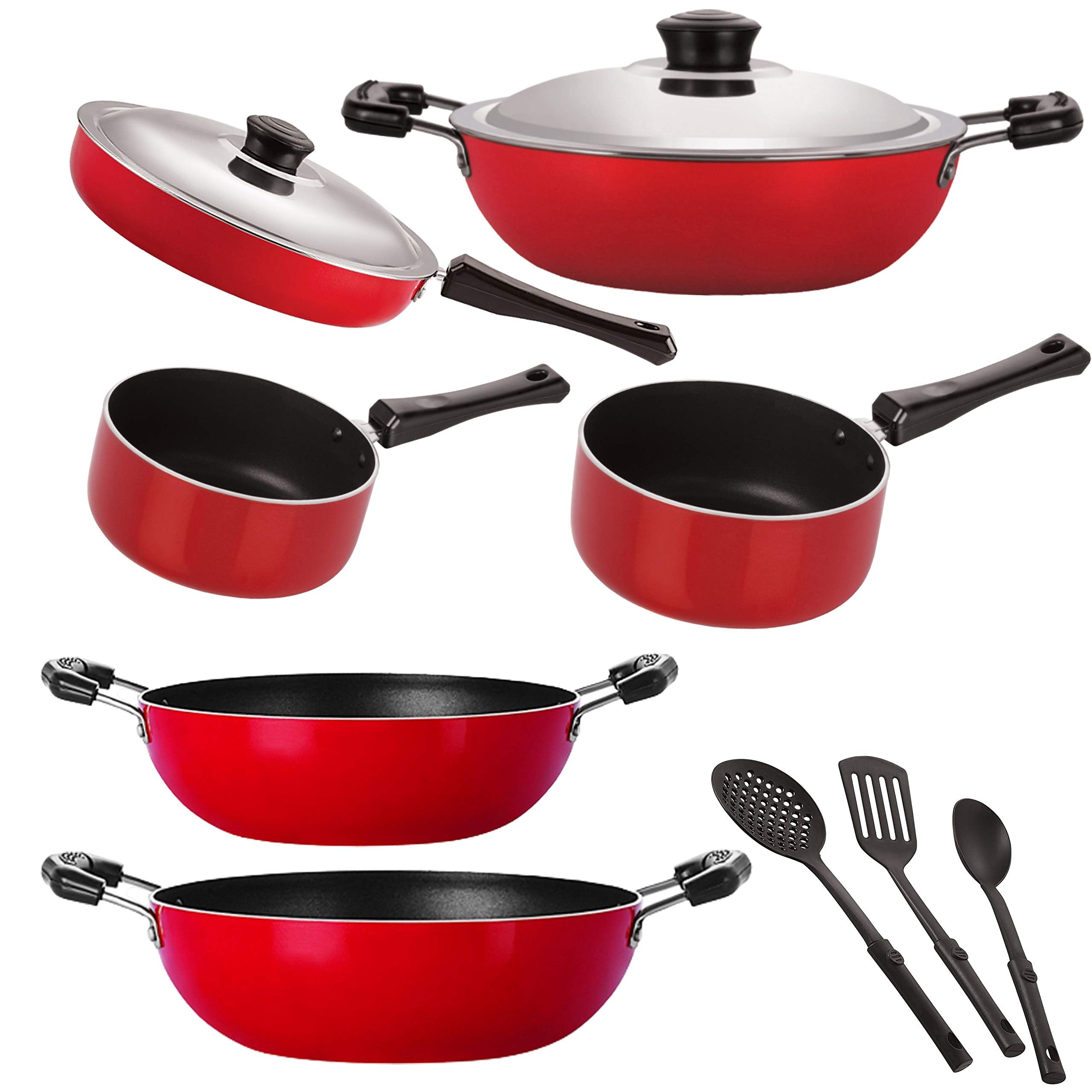 Nirlon Non Stick Stain Resistance NonInduction Kitchen Essential Cookware Set9 Pieces, Dkd(J)_Kd13_Kd14_Sp(B)_Sp(M)_Fp12_3Spn