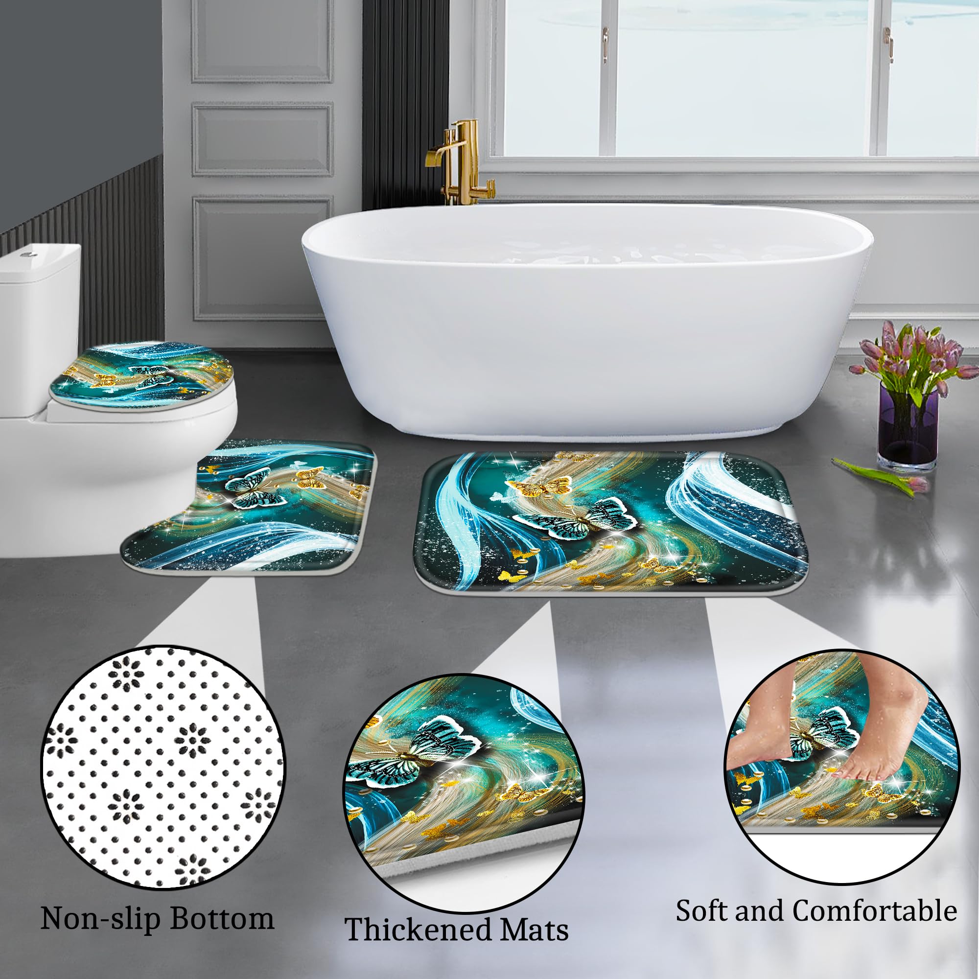 Poedist 4 Pcs Bathroom Shower Curtain Set,Blue Light Butterfly Bathroom Sets With Rugs(Bath Mat,U Shape And Toilet Lid Cover Mat