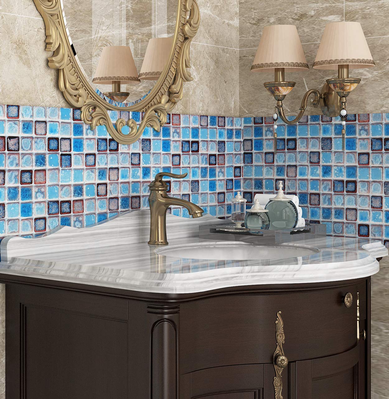 Livelynine 15.8 x 394 Inch Waterproof Vinyl Wallpaper for Bathroom Shower Wall Countertop Kitchen Backsplash Peel and Stick Wallpaper Blue Pattern Contact Paper Removable Decorative Tile Stickers