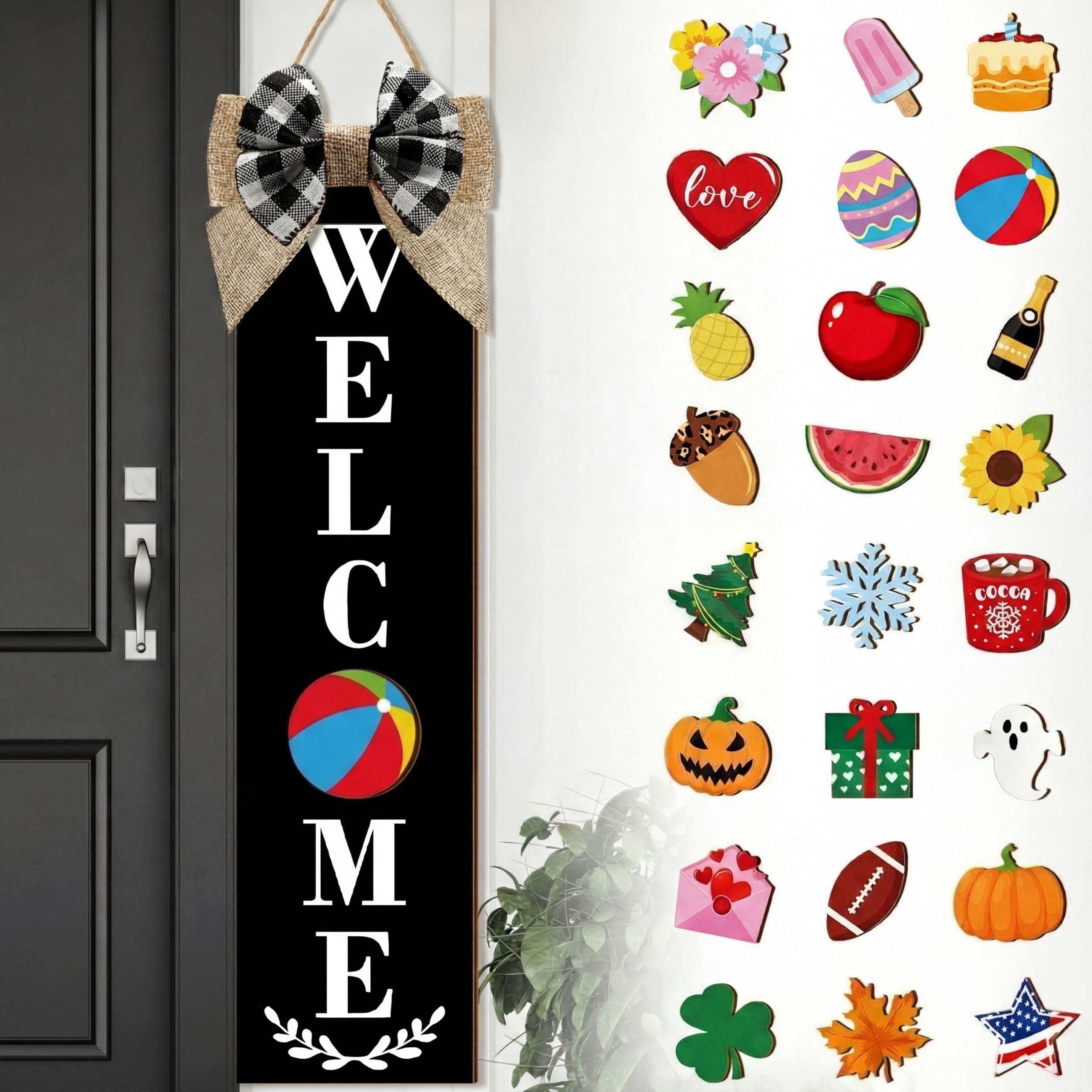 Sintuff Holiday Interchangeable Welcome Sign for Front Door Wood Porch Sign with 24 Pcs Seasonal Icons Home Farmhouse Holiday We