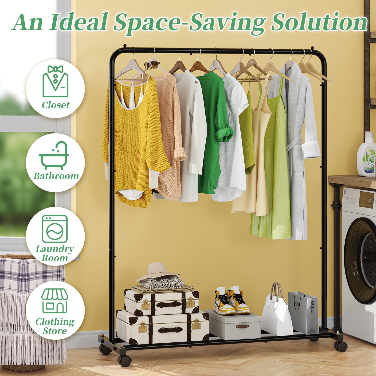 Simple Trending Standard Clothes Clothing Garment Rack With Storage Shelves, Rolling Clothes Organizer On Wheels For Hanging Clo