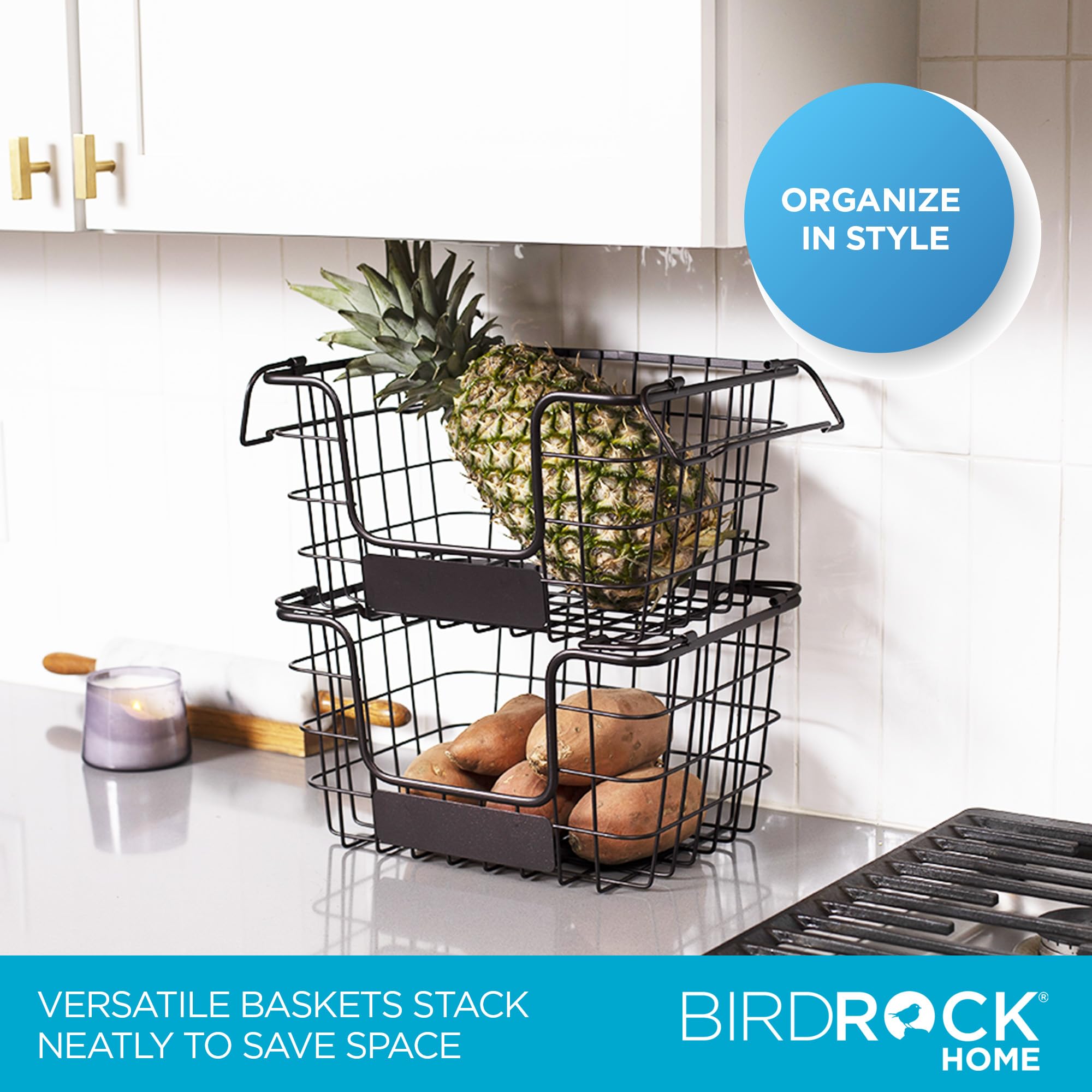 Birdrock Home Stacking Wire Market Basket W/Chalk Label - Metal Storage Bin - Kitchen Counter, Pantry Cabinet, Shelves | Fruit,