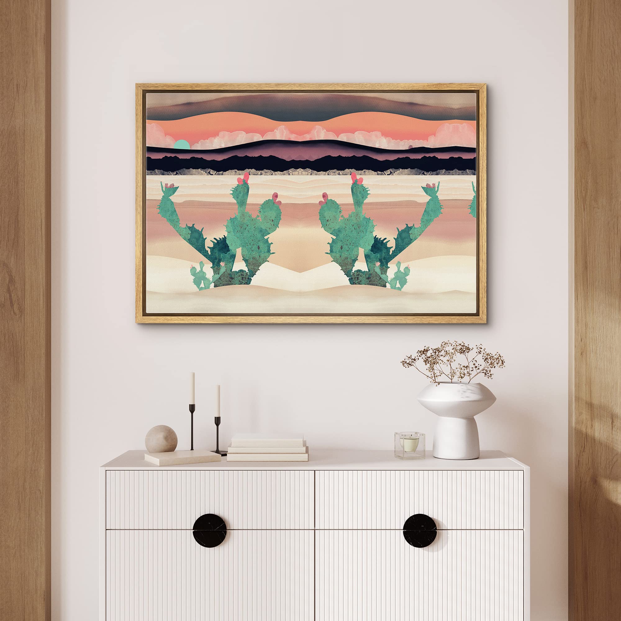 Signford Framed Canvas Print Wall Art Green Desert Cactus With Pink Flowers Abstract Wilderness Illustrations Modern Art Rustic