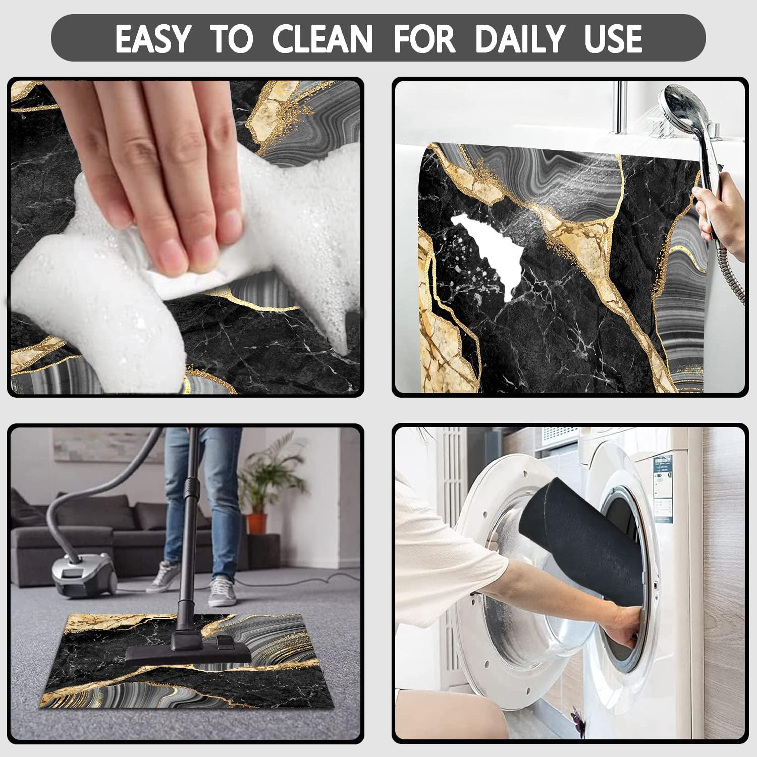 Muginyu Black And Gold Rug For Bathroom Decor,Black And Gold Bathroom Rugs Sets 3 Piece,Marble Decor Thin Rubber Diatomaceous Ea