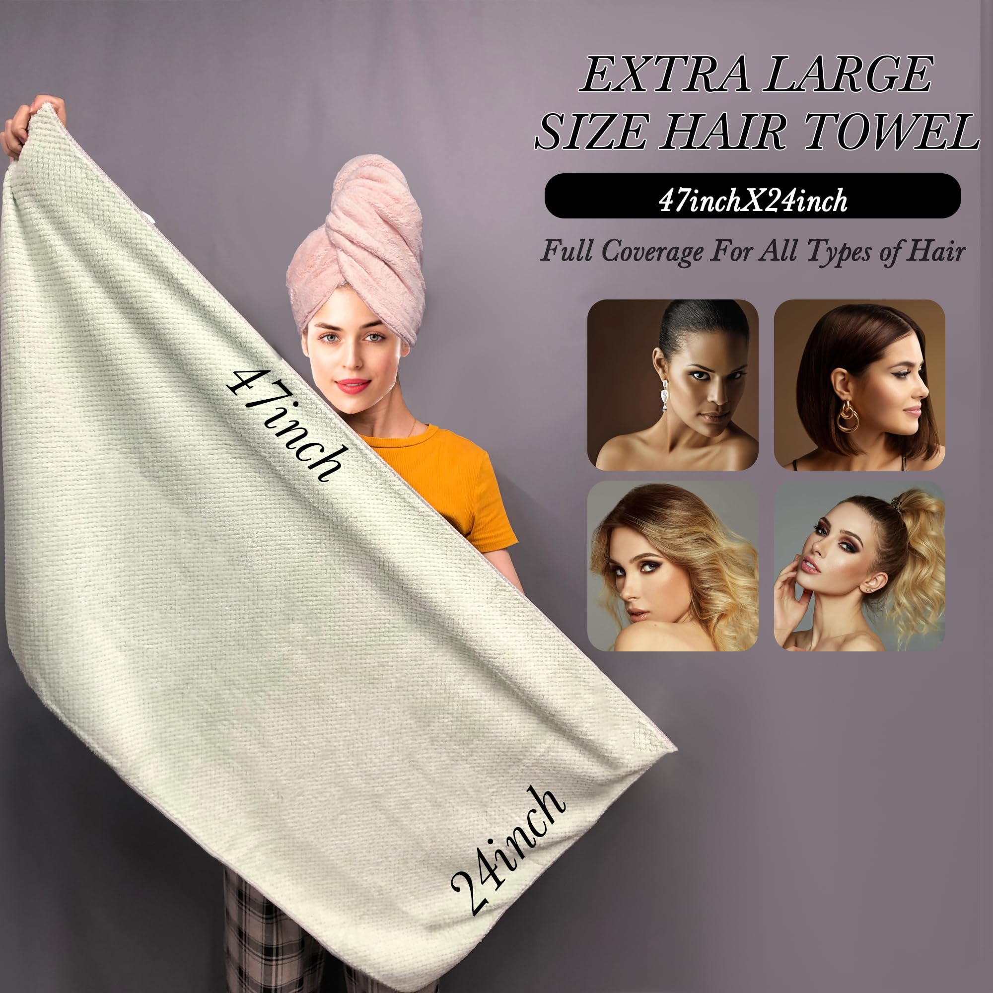 Chloven 2 Pack Extra Large Microfiber Hair Towel - Anti-Frizz Hair Drying Towel for Women,Ultra Absorbent & Lightweight Hair Tow
