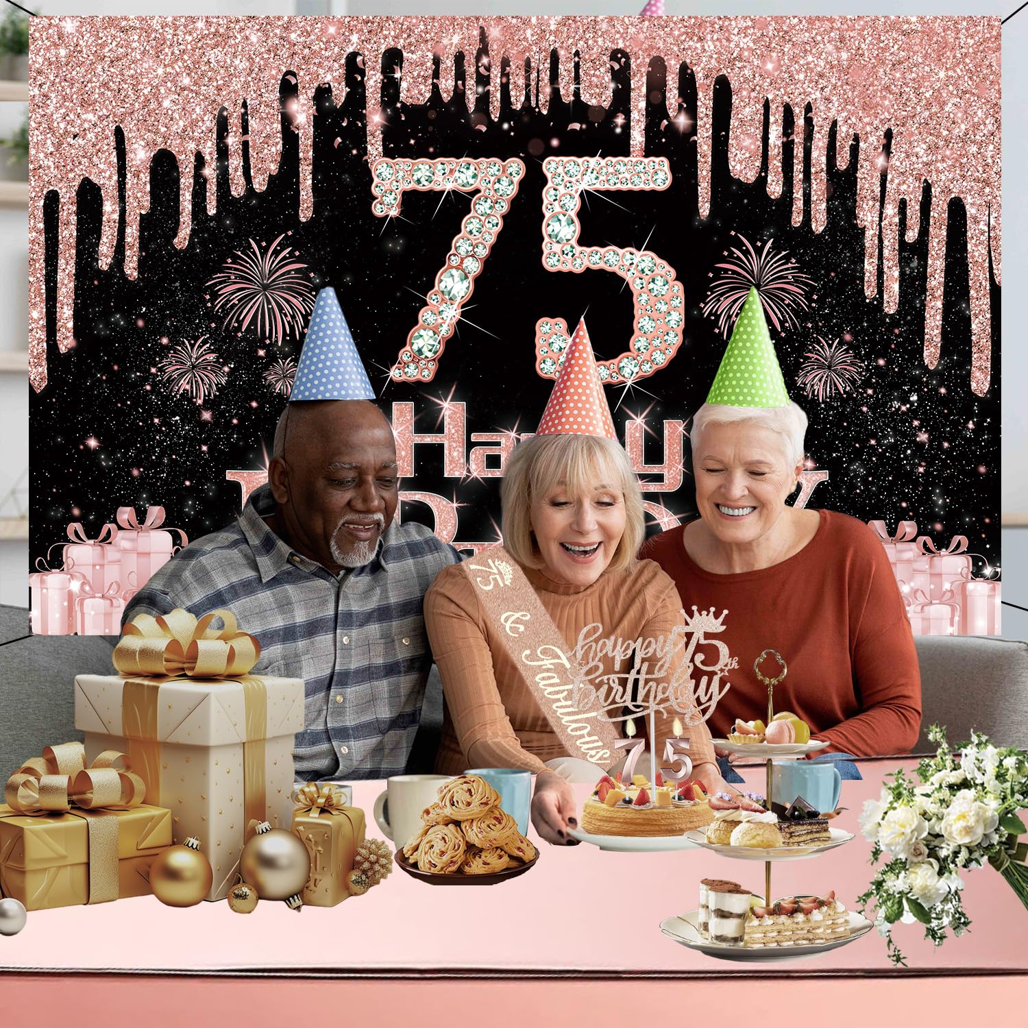 75Th Birthday Decorations For Women With Banner, Rose Gold Tablecloth, Number Balloons, 75Th Birthday Sash And Tiara, Cake Toppe