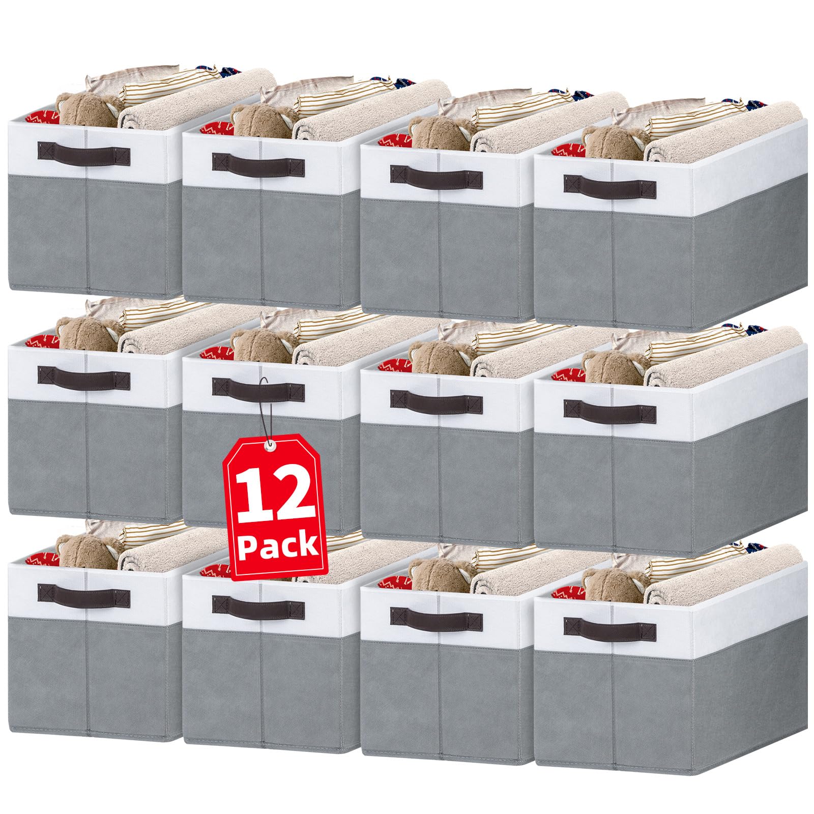 Criusia 12 Pack Large Storage Baskets For Shelves | Fabric Closet Organizers And Storage Bins With Handles For Home Organization