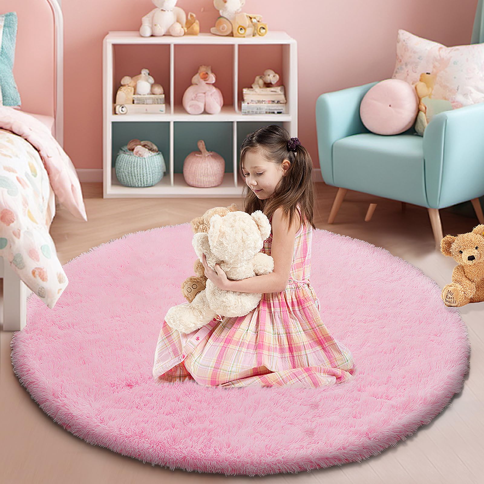 yulidayang Pink Fluffy Round Rug, Soft Area Rugs for Girls Room,Shaggy Rugs 3X3 for Kids Room,Non Slip Circle Rug for Bedroom,