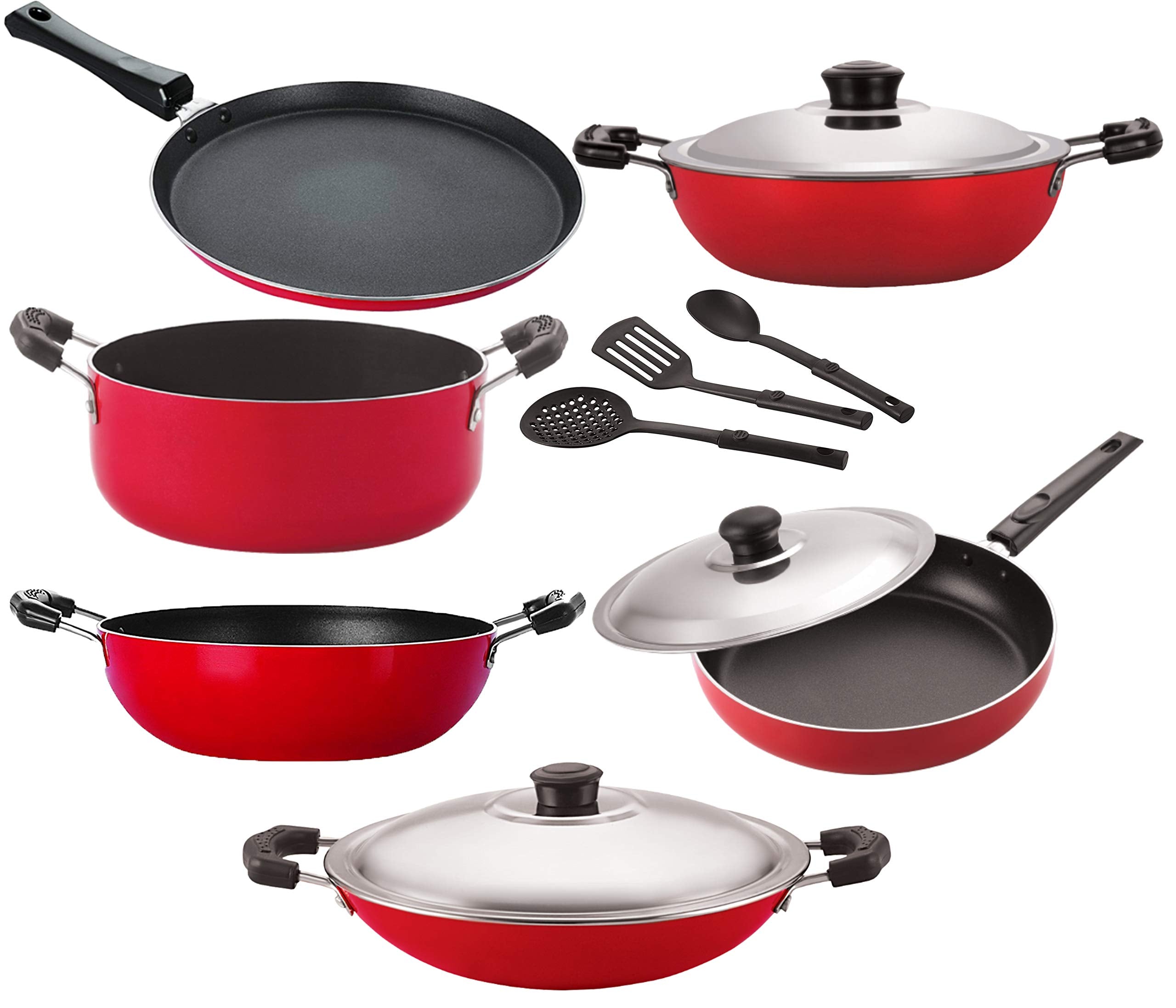 Nirlon Non Stick Coated Heat Resistance Pfoa Free Aluminium Cookware Gift Set Of 9 Pieces (26_Kd12_Dkdb_Ch_Ft10_Cass20_Fp12_3Spn